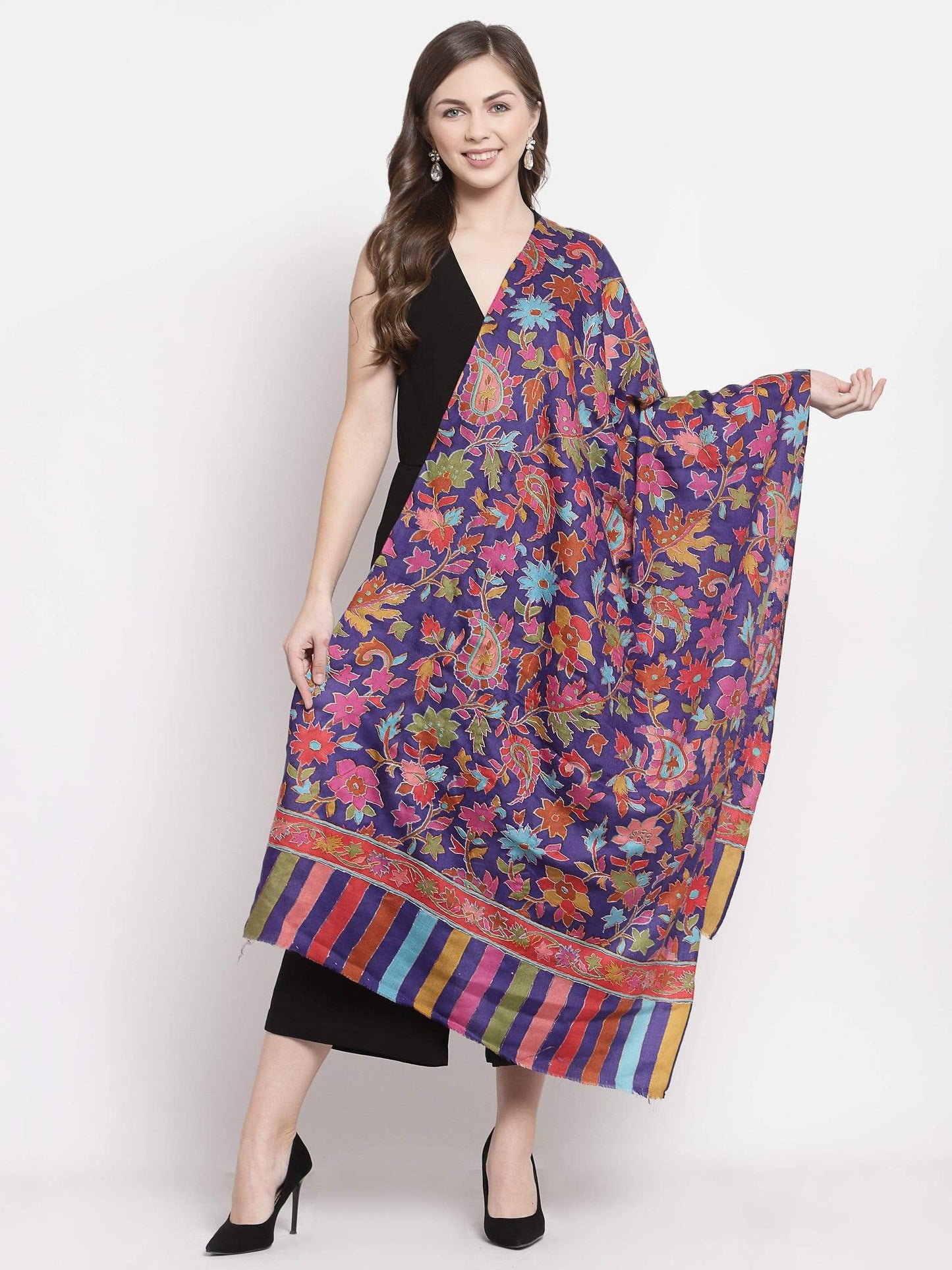 Pashtush India 70x200 Pashtush Womens 100% Hand Embroidered Kalamkari Stole, Fine Wool, Blue