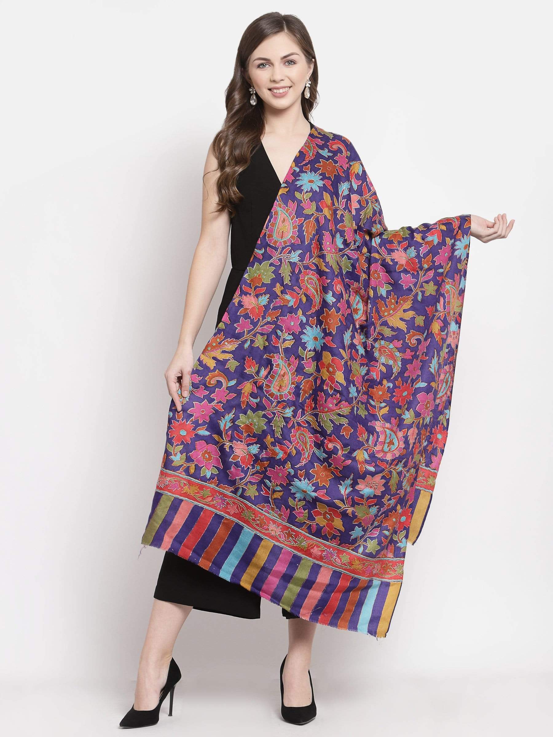 Pashtush India 70x200 Pashtush Womens 100% Hand Embroidered Kalamkari Stole, Fine Wool, Blue