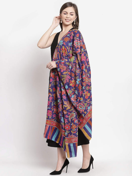 Pashtush India 70x200 Pashtush Womens 100% Hand Embroidered Kalamkari Stole, Fine Wool, Blue