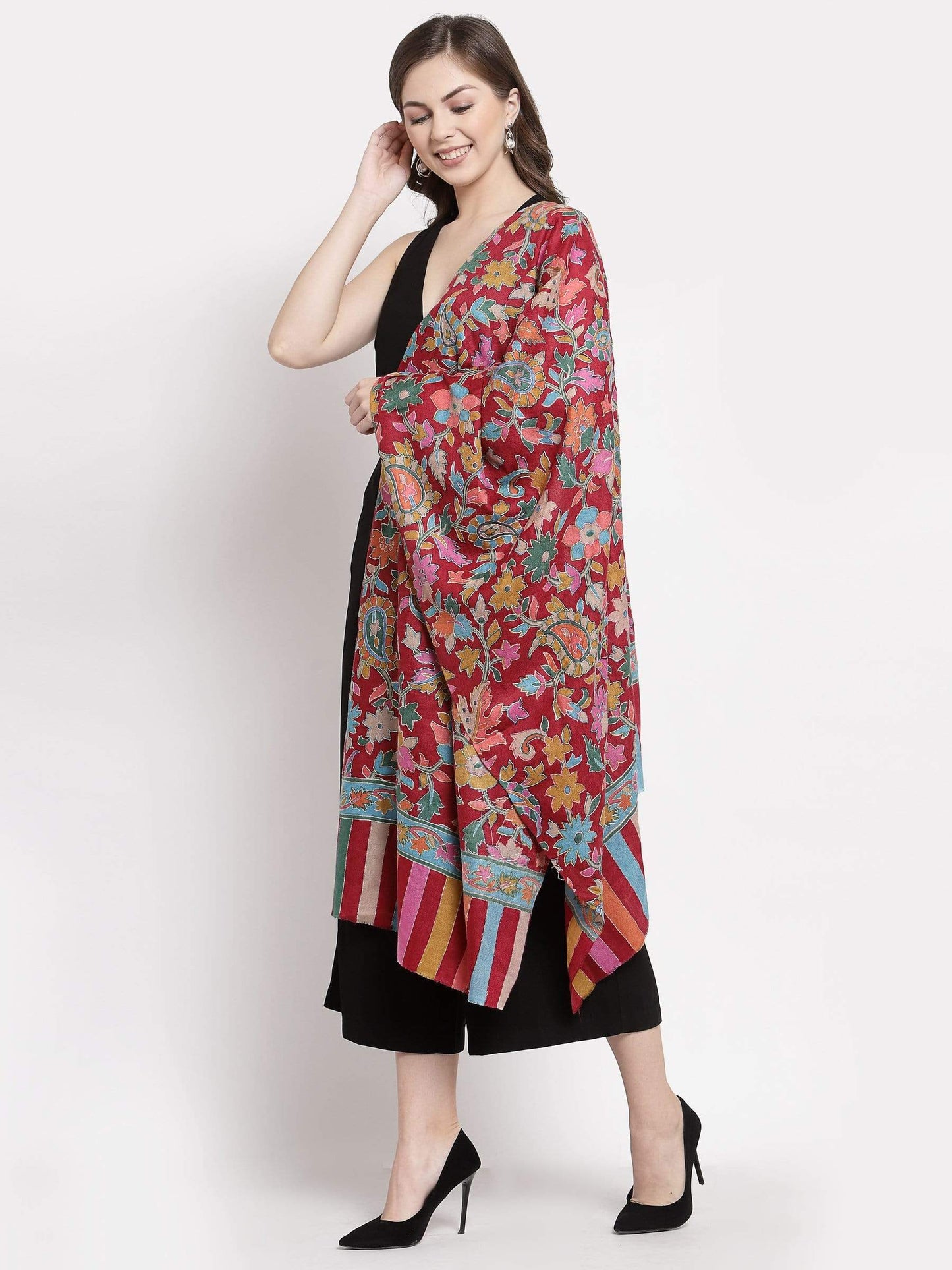 Pashtush India 70x200 Pashtush Womens 100% Hand Embroidered Kalamkari Stole, Fine Wool, Crimson Maroon