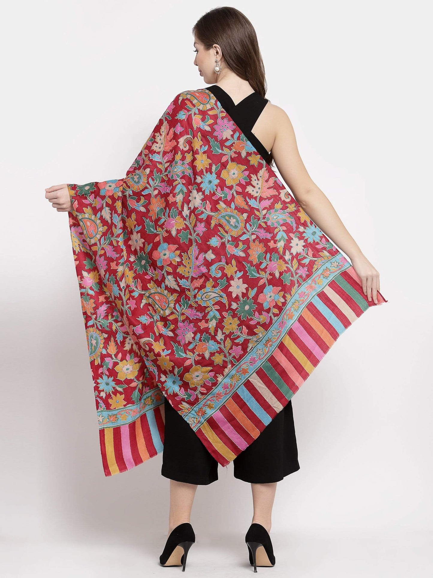 Pashtush India 70x200 Pashtush Womens 100% Hand Embroidered Kalamkari Stole, Fine Wool, Crimson Maroon