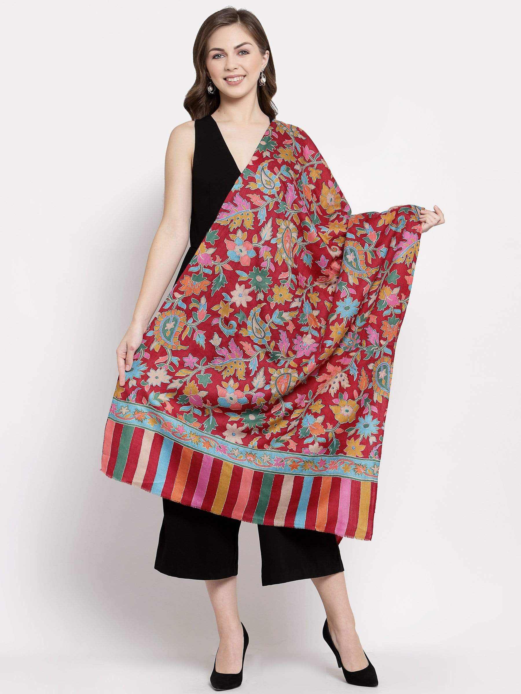 Pashtush India 70x200 Pashtush Womens 100% Hand Embroidered Kalamkari Stole, Fine Wool, Crimson Maroon