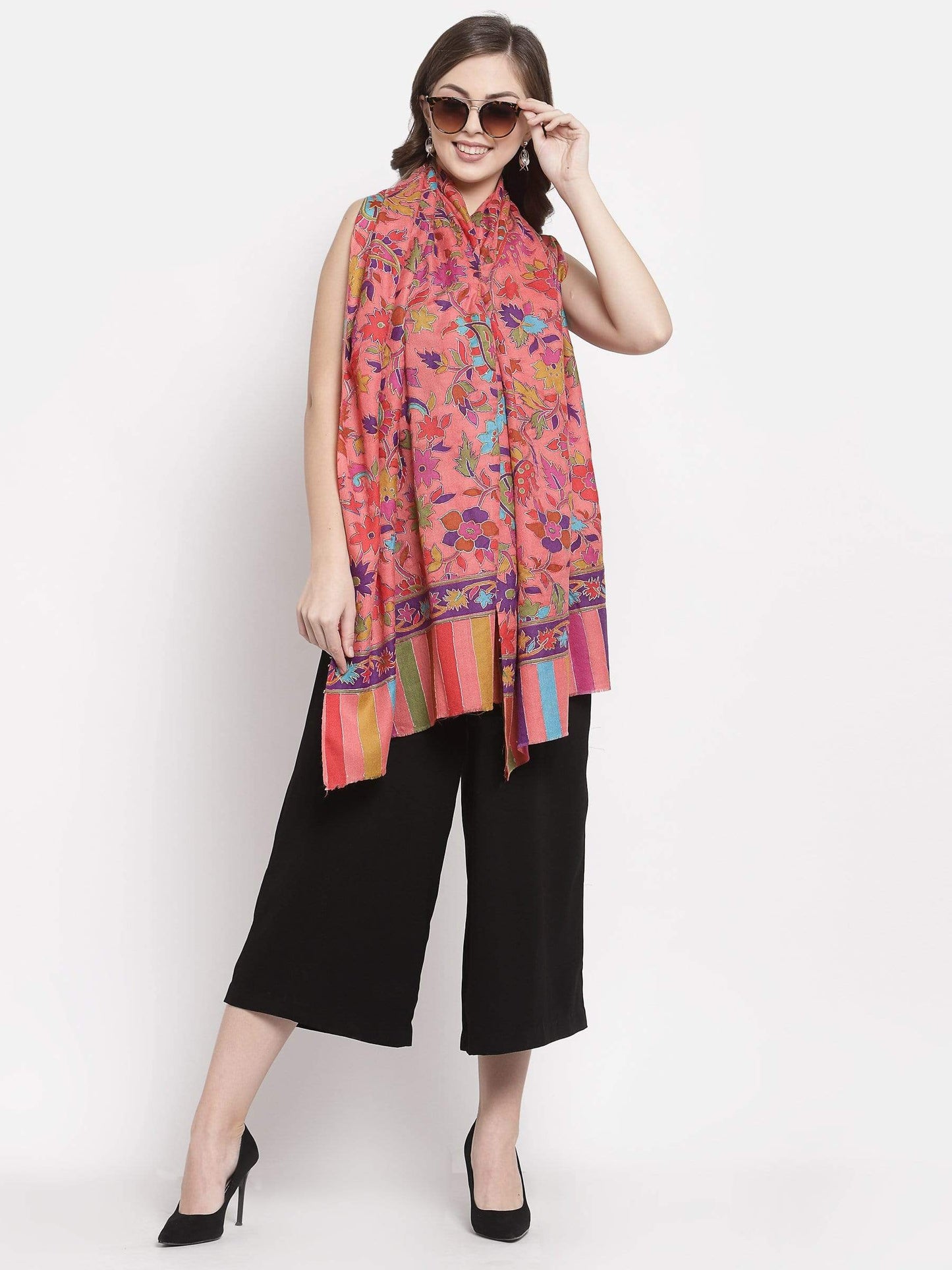 Pashtush India 70x200 Pashtush Womens 100% Hand Embroidered Kalamkari Stole, Fine Wool, Flamingo Pink