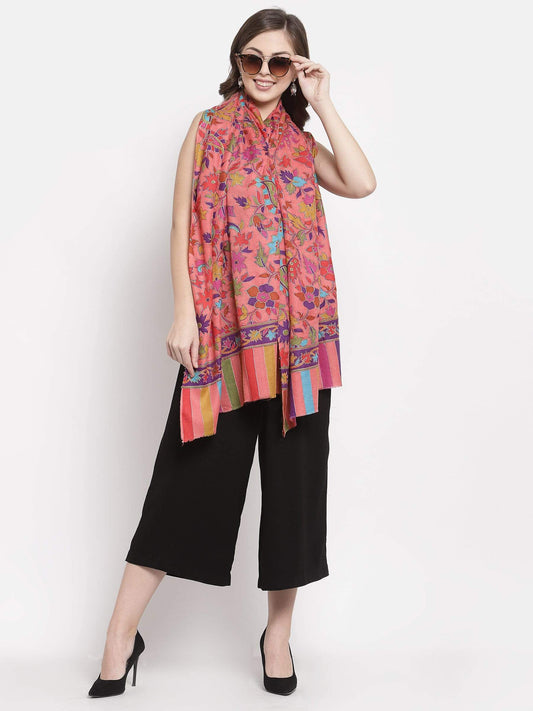 Pashtush India 70x200 Pashtush Womens 100% Hand Embroidered Kalamkari Stole, Fine Wool, Flamingo Pink