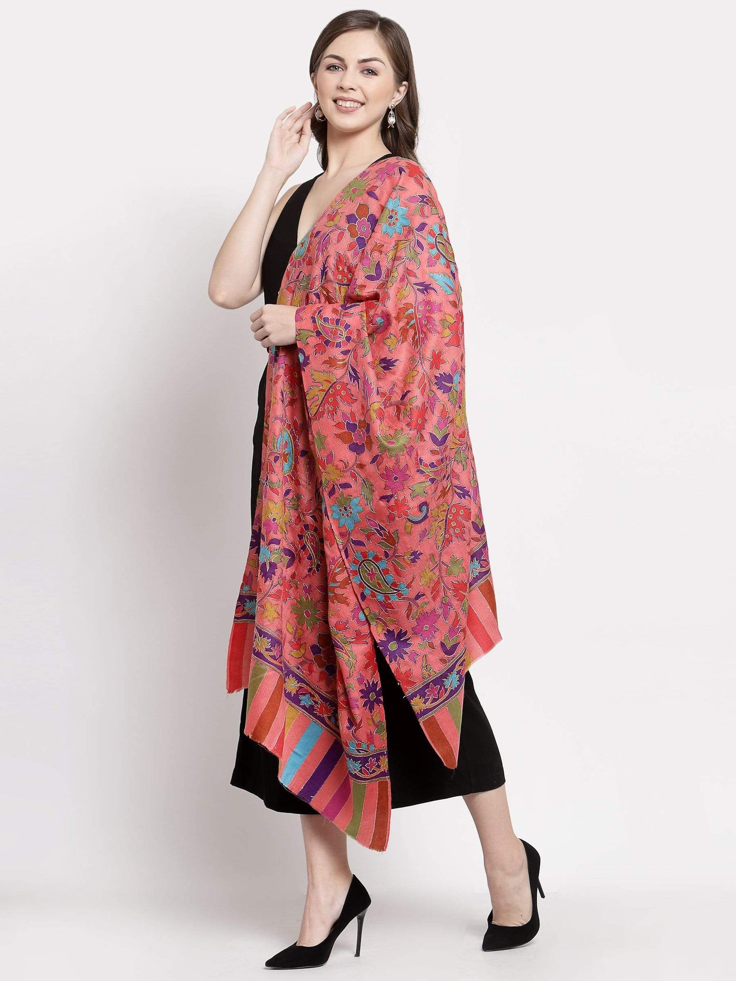 Pashtush India 70x200 Pashtush Womens 100% Hand Embroidered Kalamkari Stole, Fine Wool, Flamingo Pink