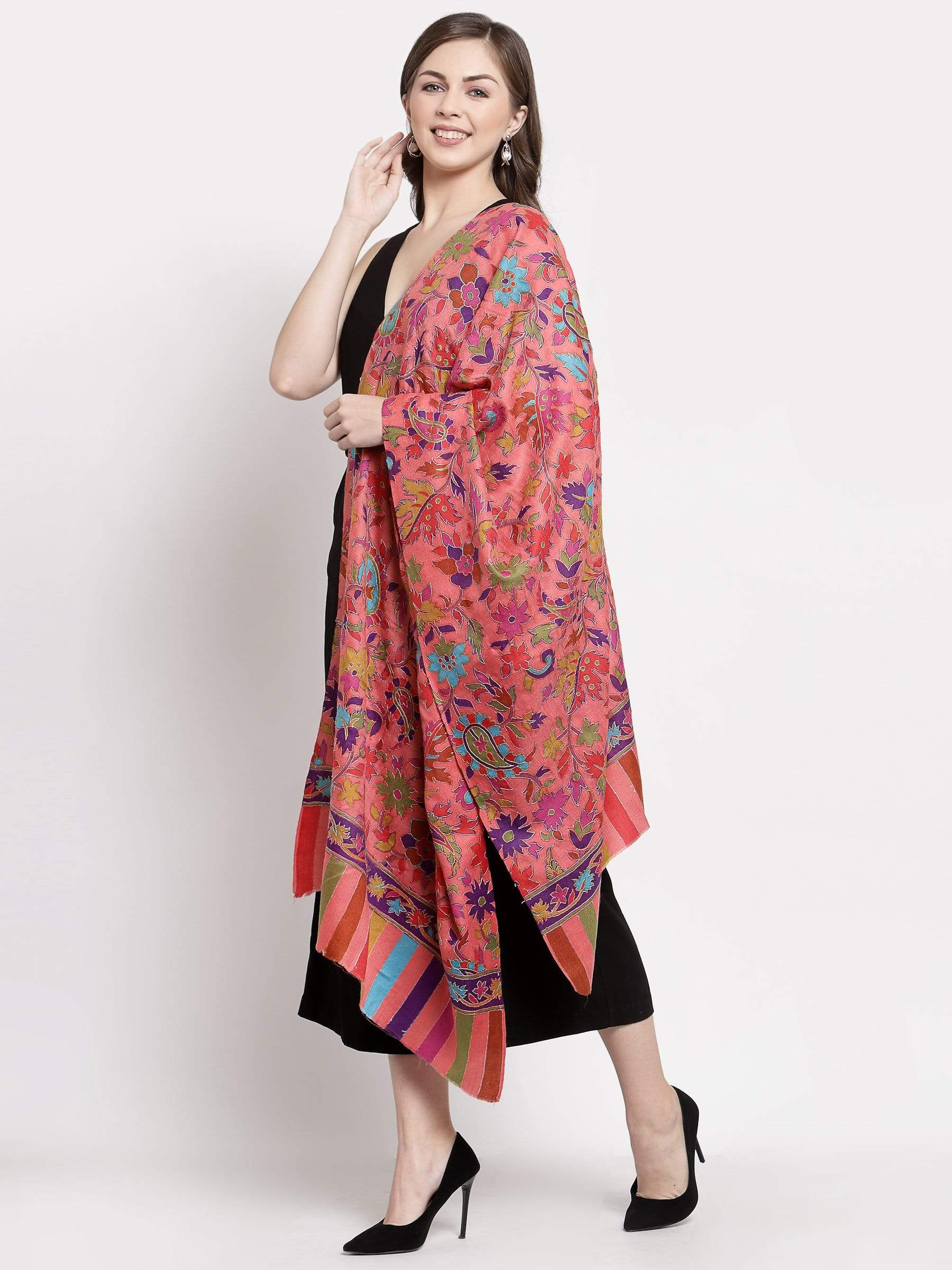 Pashtush India 70x200 Pashtush Womens 100% Hand Embroidered Kalamkari Stole, Fine Wool, Flamingo Pink