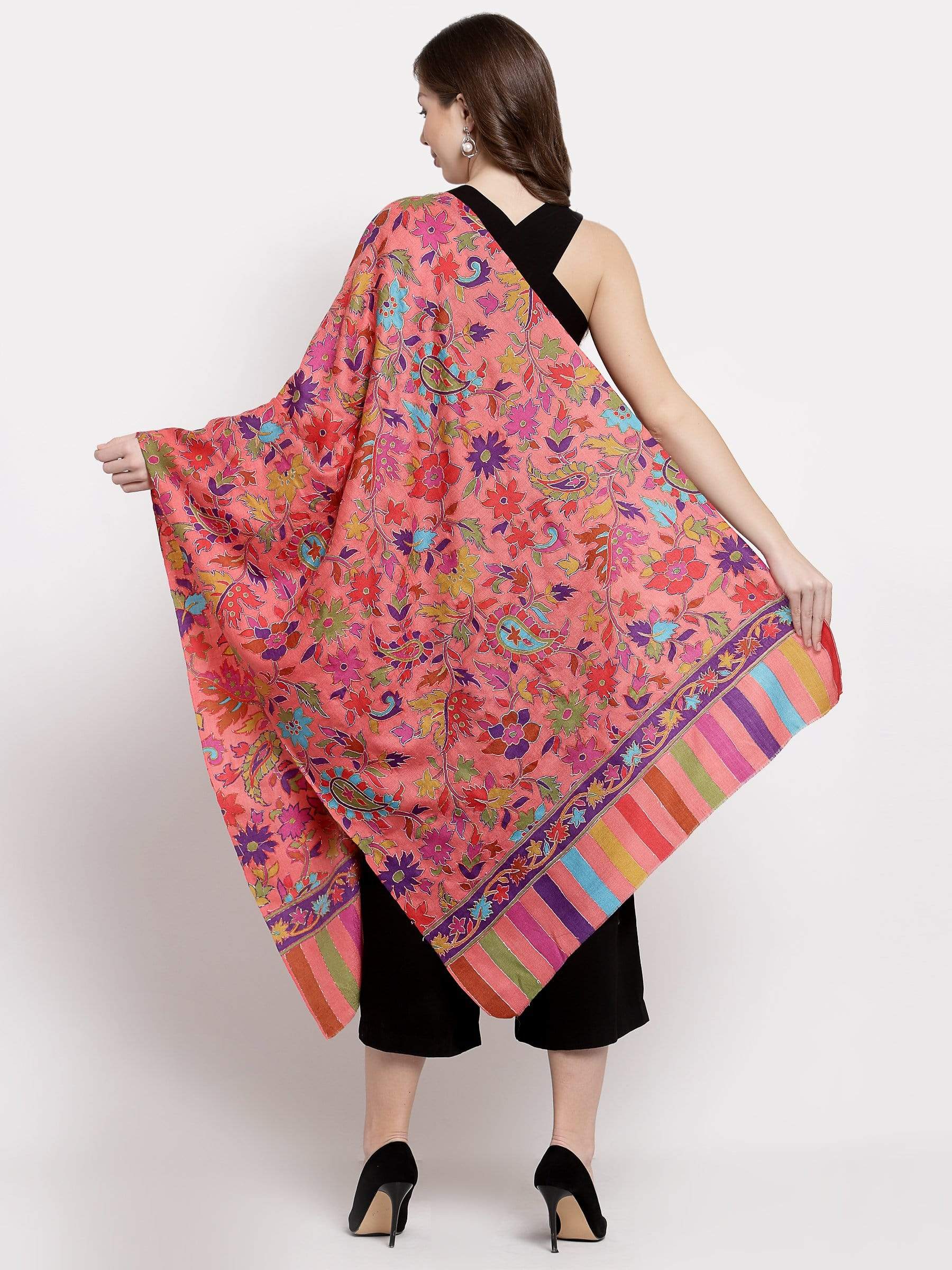 Pashtush India 70x200 Pashtush Womens 100% Hand Embroidered Kalamkari Stole, Fine Wool, Flamingo Pink