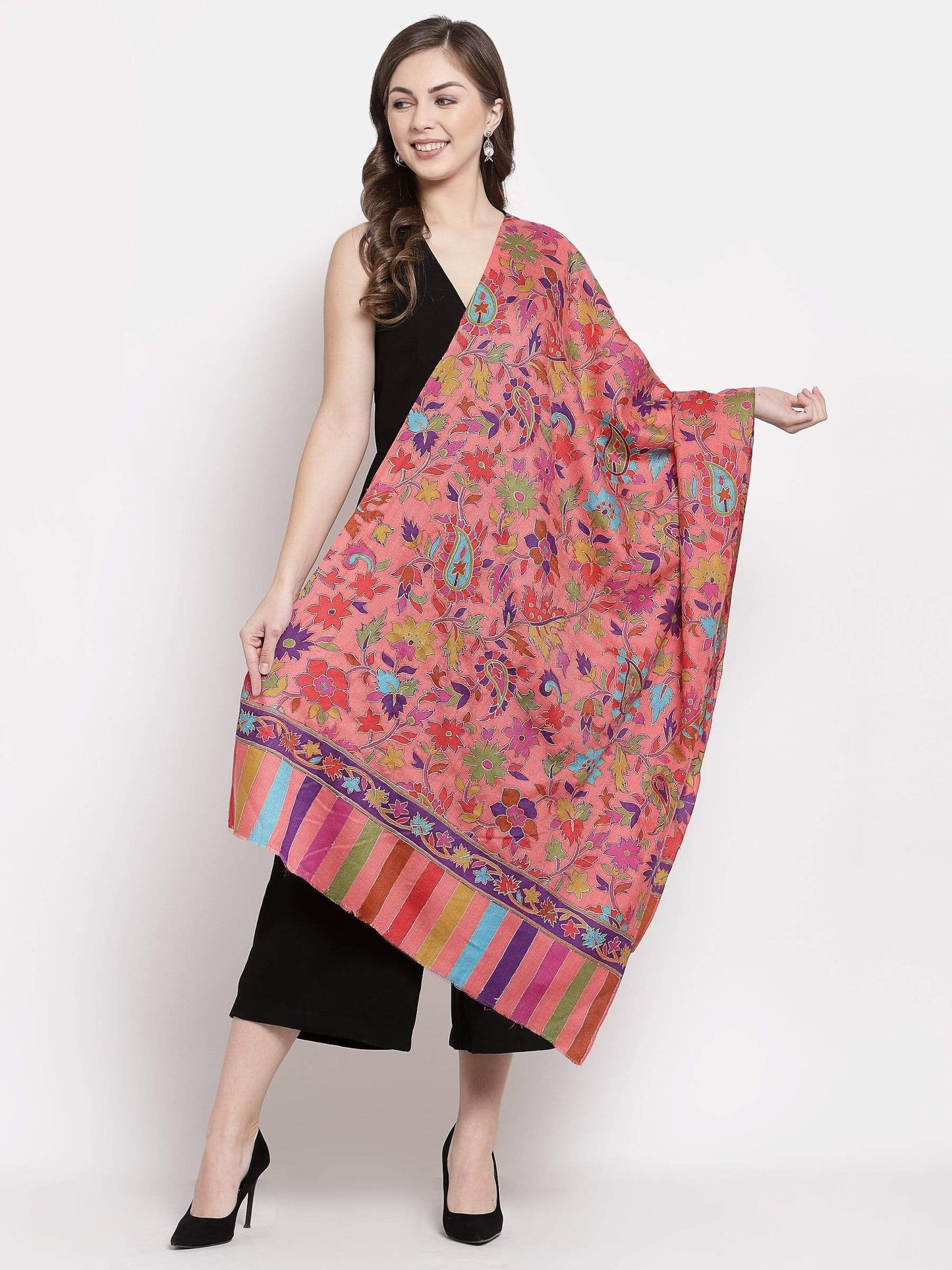 Pashtush India 70x200 Pashtush Womens 100% Hand Embroidered Kalamkari Stole, Fine Wool, Flamingo Pink