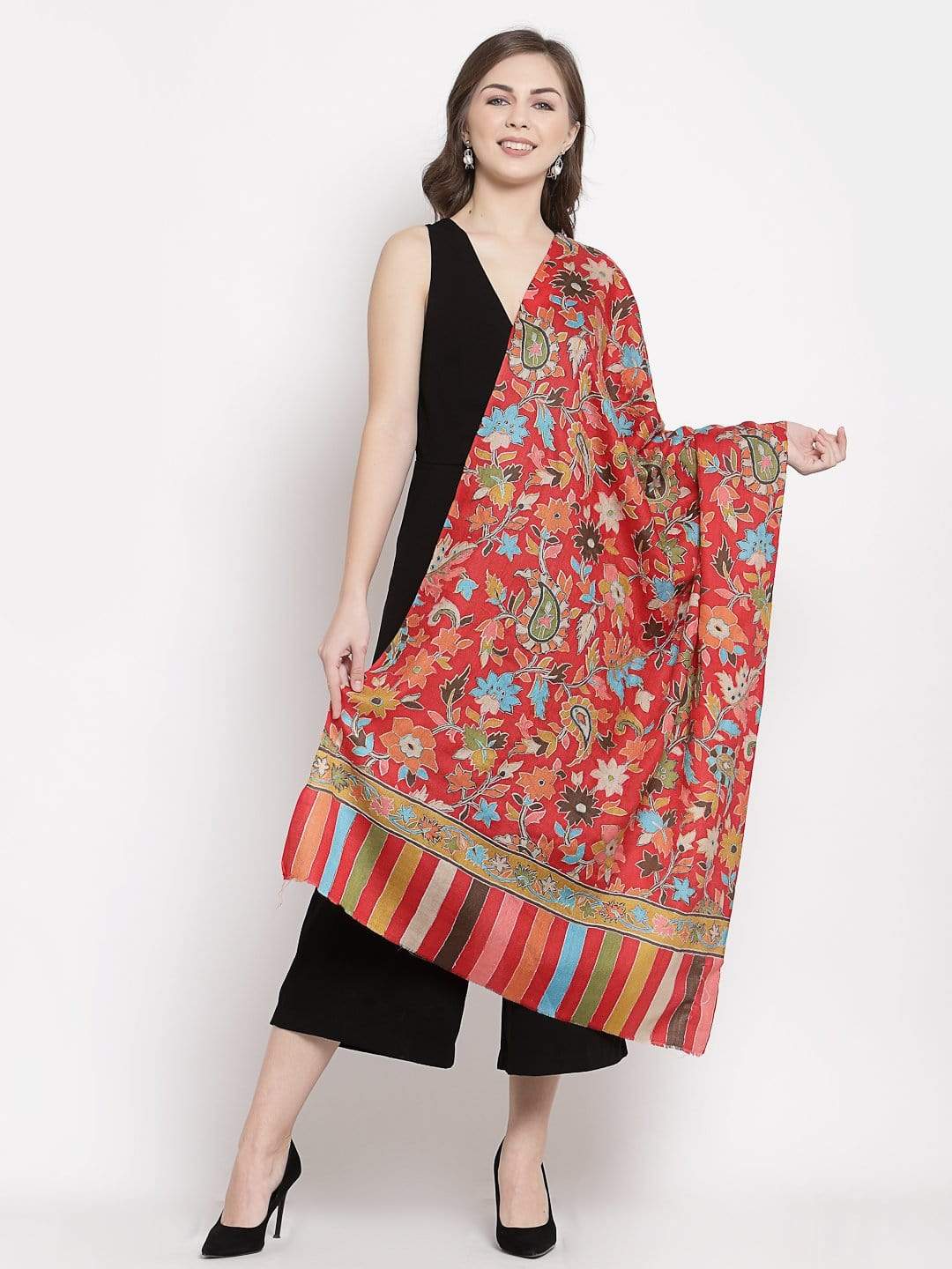 Pashtush India 70x200 Pashtush Womens 100% Hand Embroidered Kalamkari Stole, Fine Wool, Scarlet Red