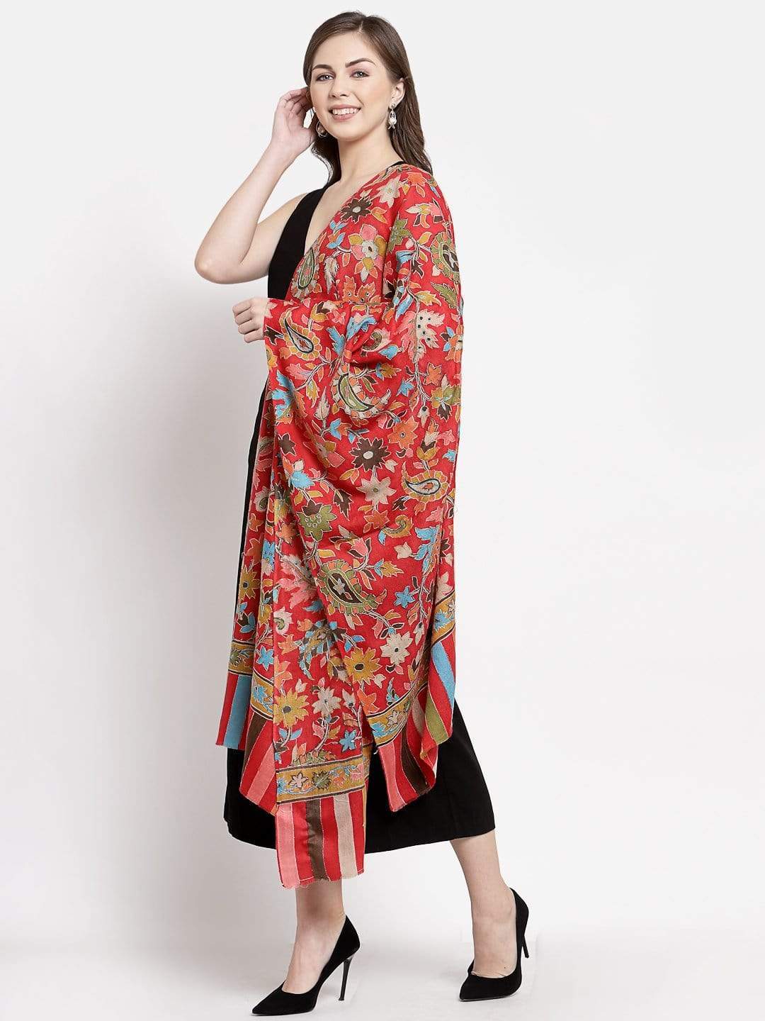 Pashtush India 70x200 Pashtush Womens 100% Hand Embroidered Kalamkari Stole, Fine Wool, Scarlet Red