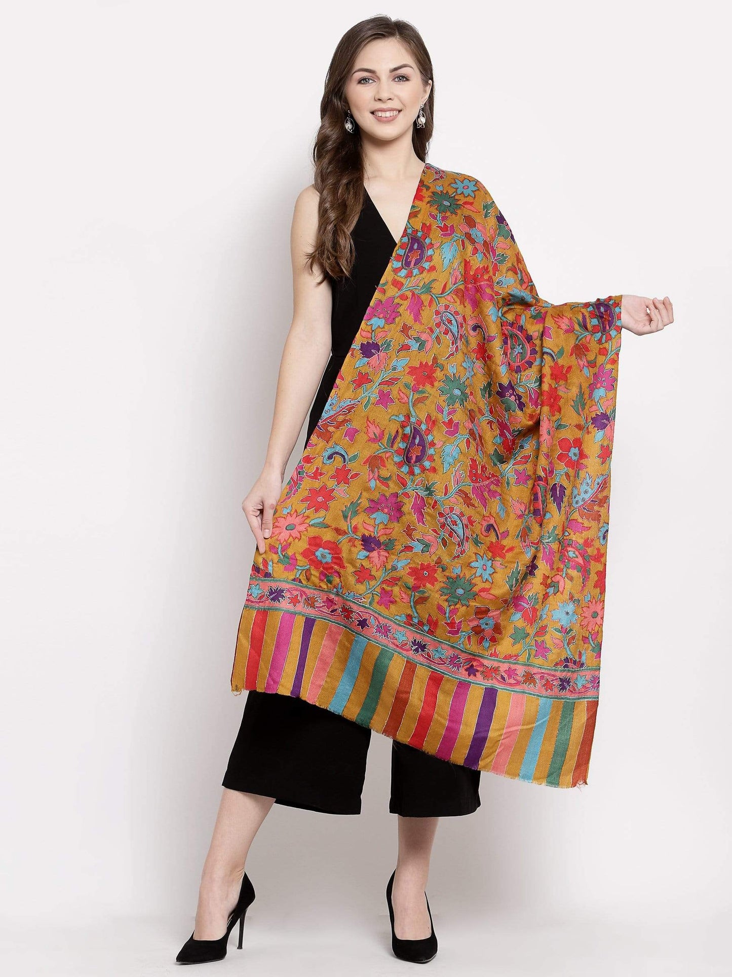 Pashtush India 70x200 Pashtush Womens 100% Hand Embroidered Kalamkari Stole, Fine Wool, Sunflower Hues