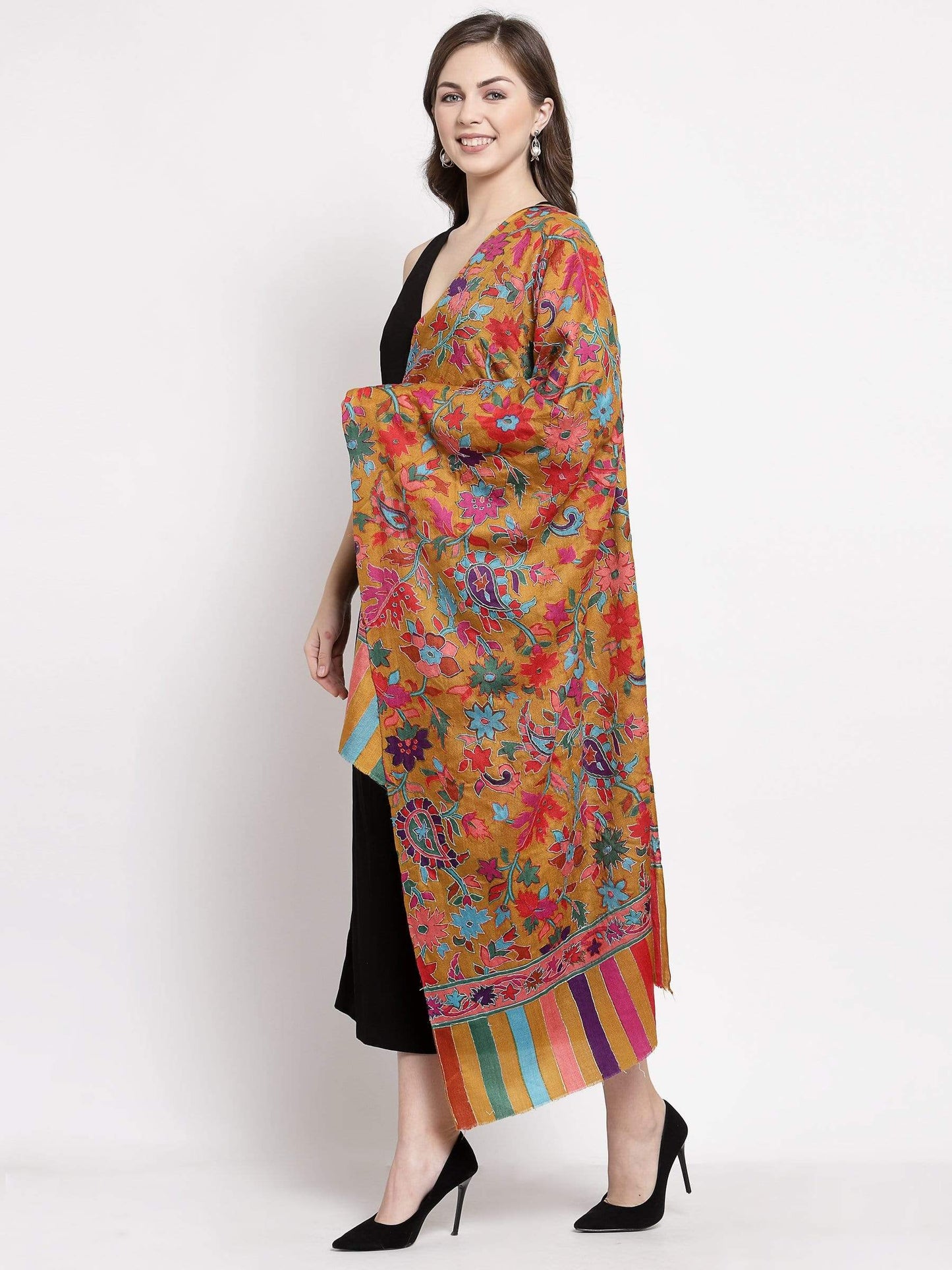 Pashtush India 70x200 Pashtush Womens 100% Hand Embroidered Kalamkari Stole, Fine Wool, Sunflower Hues