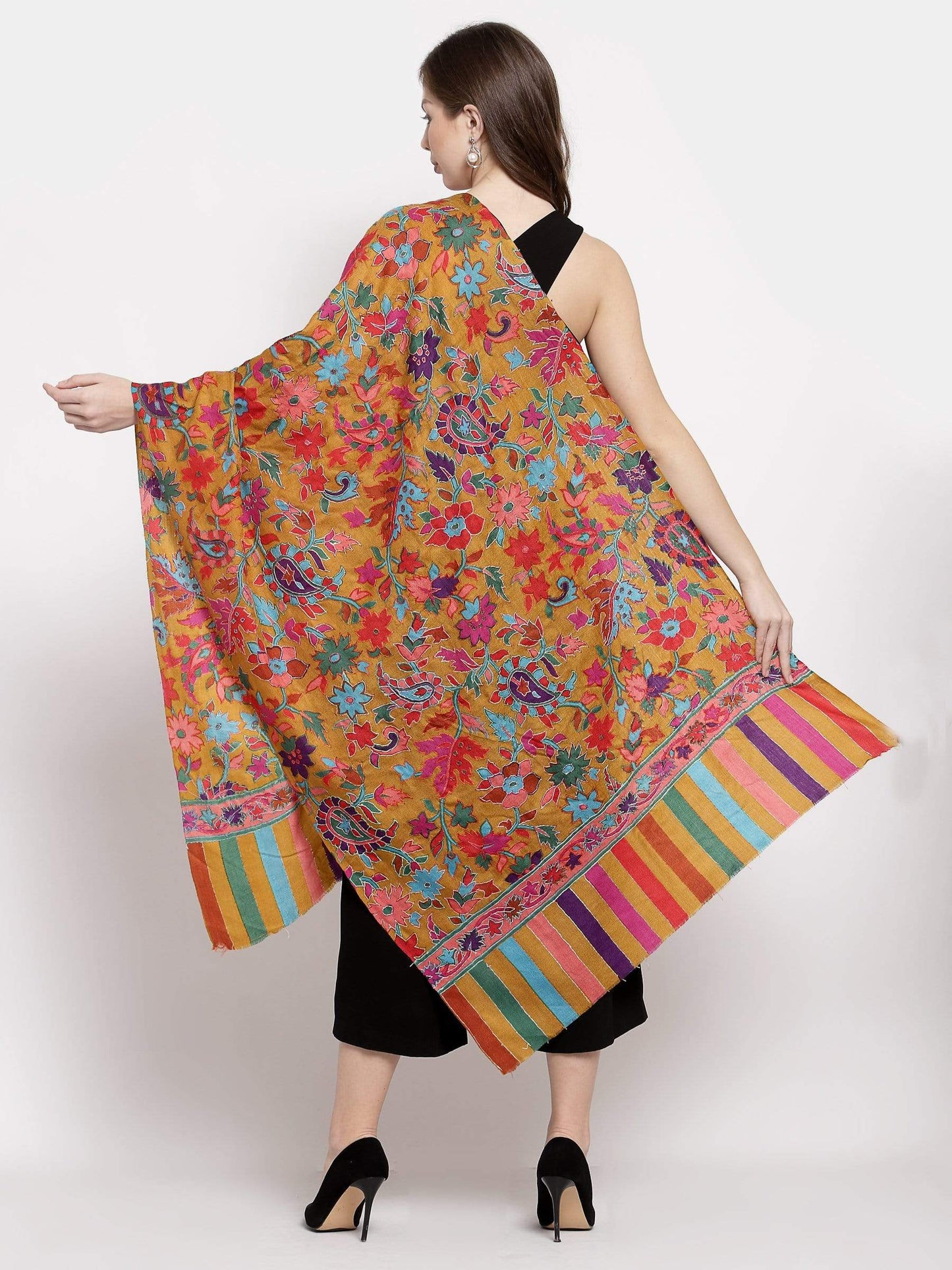 Pashtush India 70x200 Pashtush Womens 100% Hand Embroidered Kalamkari Stole, Fine Wool, Sunflower Hues