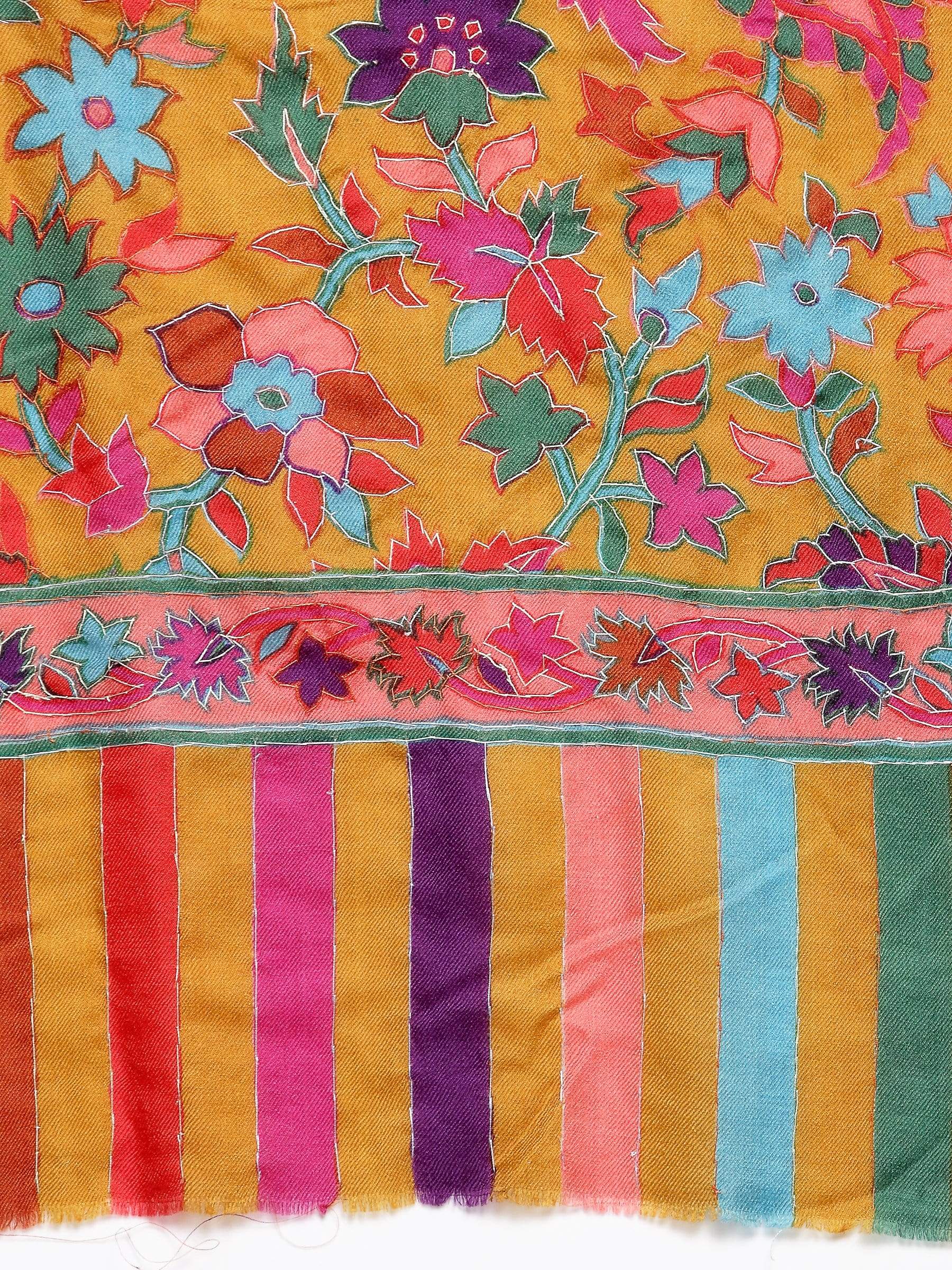 Pashtush India 70x200 Pashtush Womens 100% Hand Embroidered Kalamkari Stole, Fine Wool, Sunflower Hues
