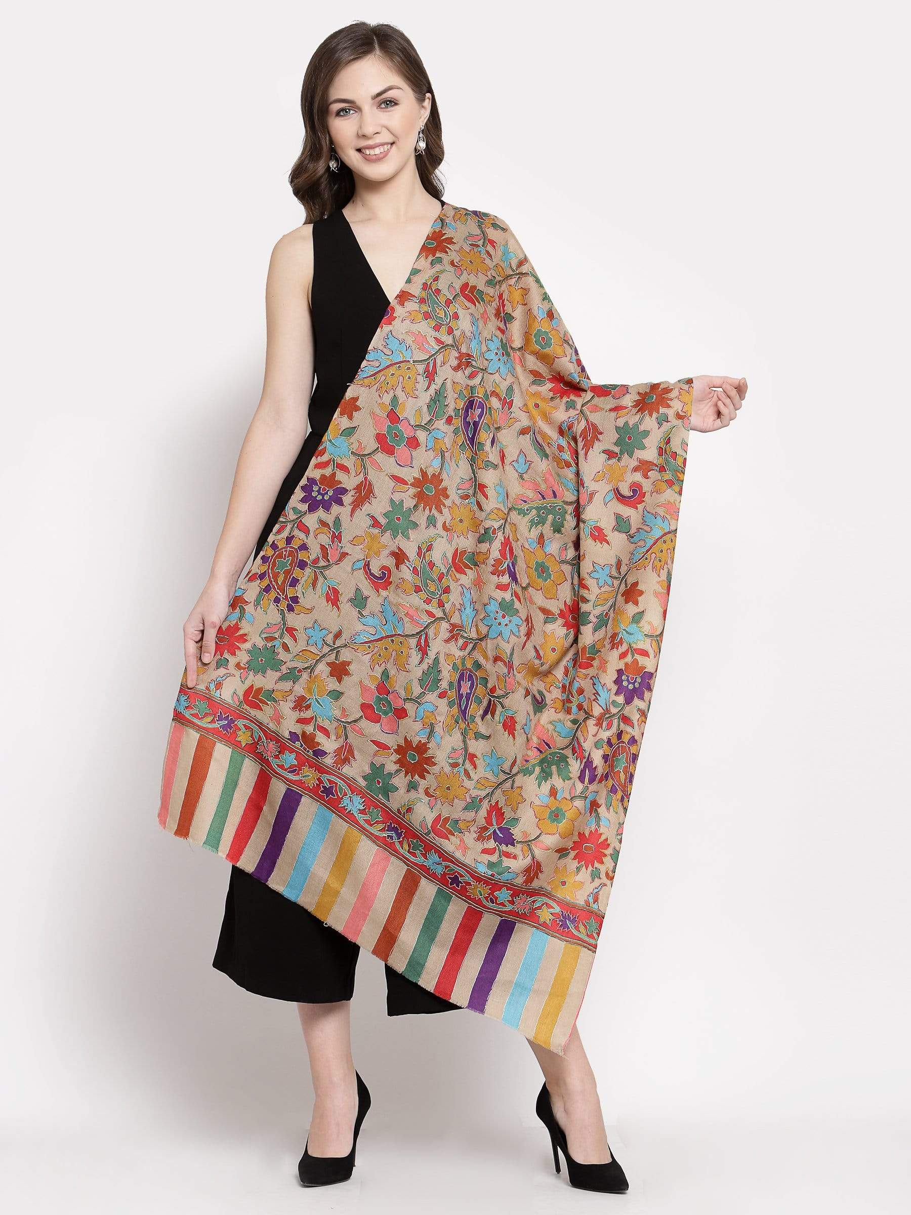 Pashtush India 70x200 Pashtush Womens 100% Hand Embroidered Kalamkari Stole, Fine Wool, Tuscan Beige