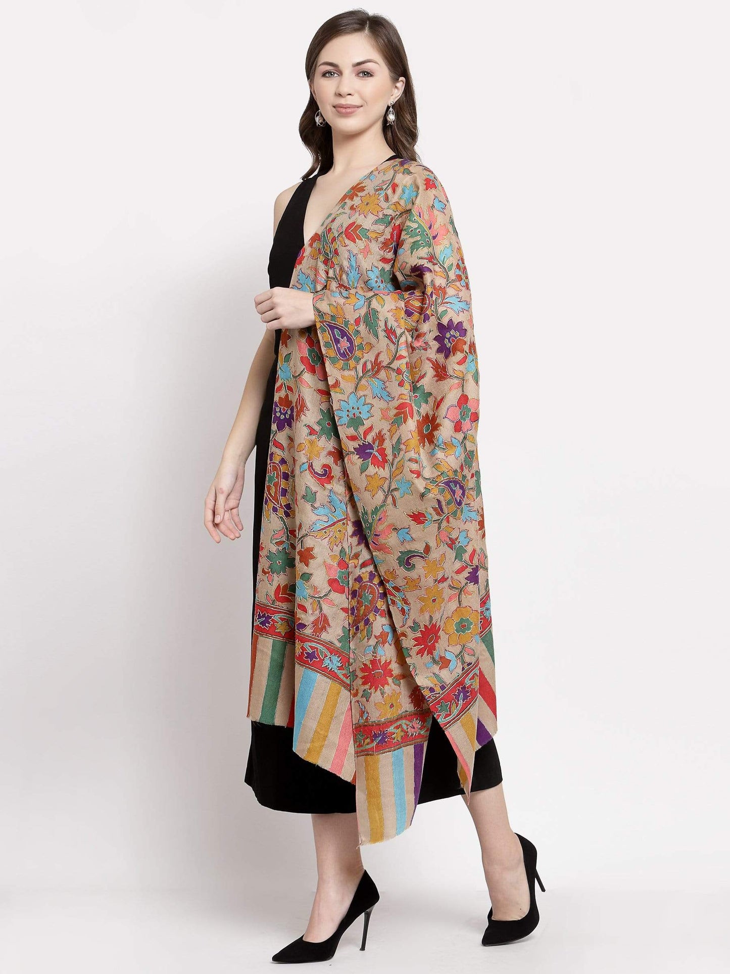 Pashtush India 70x200 Pashtush Womens 100% Hand Embroidered Kalamkari Stole, Fine Wool, Tuscan Beige
