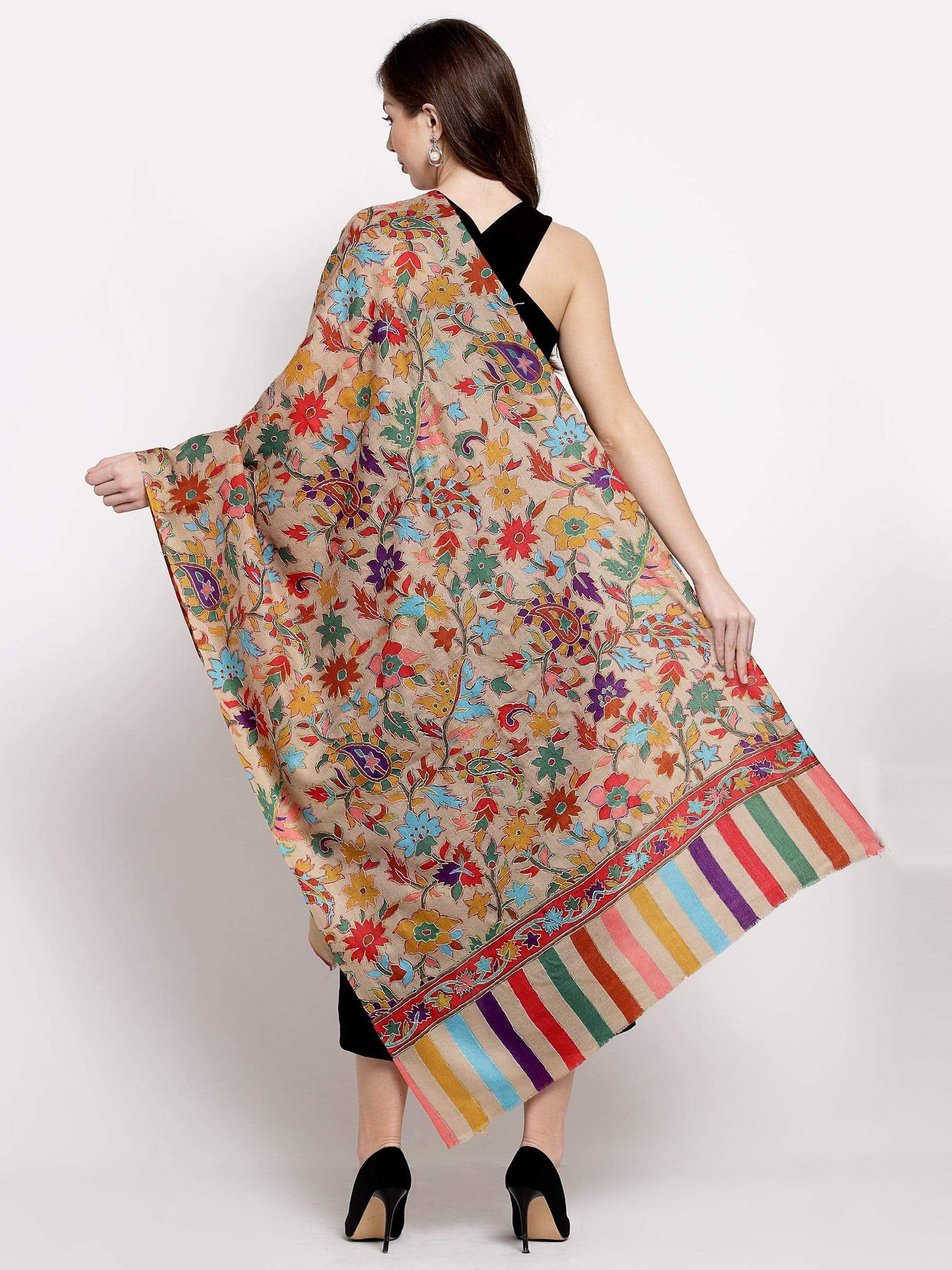 Pashtush India 70x200 Pashtush Womens 100% Hand Embroidered Kalamkari Stole, Fine Wool, Tuscan Beige