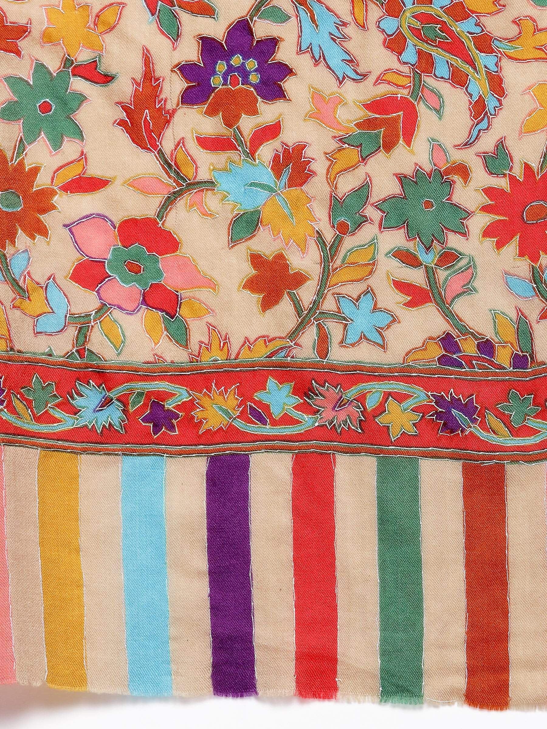 Pashtush India 70x200 Pashtush Womens 100% Hand Embroidered Kalamkari Stole, Fine Wool, Tuscan Beige