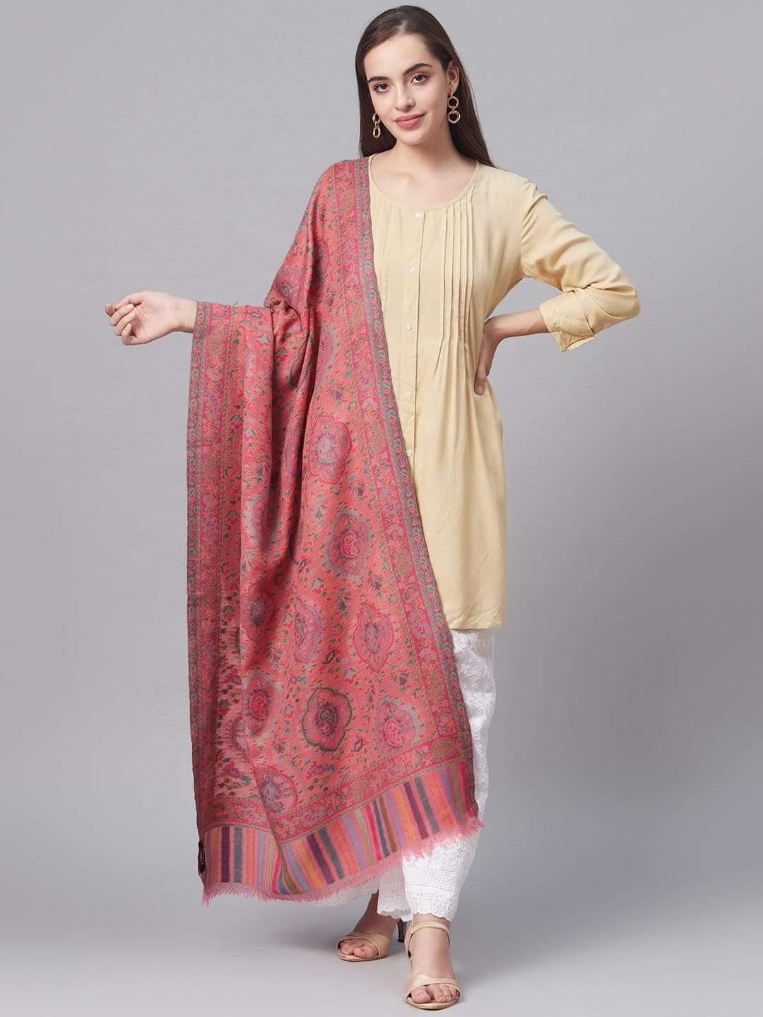 Pashtush India 70x200 Pashtush Women Pink  Blue Pure Wool Woven Design Kaani Shawl