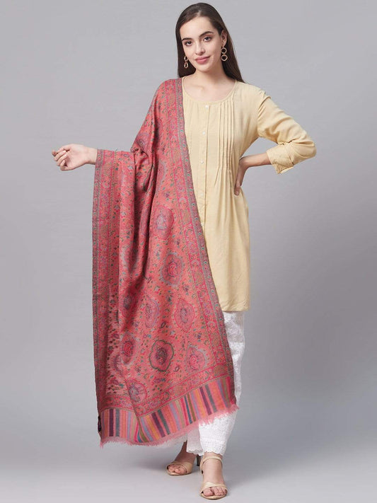 Pashtush India 70x200 Pashtush Women Pink  Blue Pure Wool Woven Design Kaani Shawl