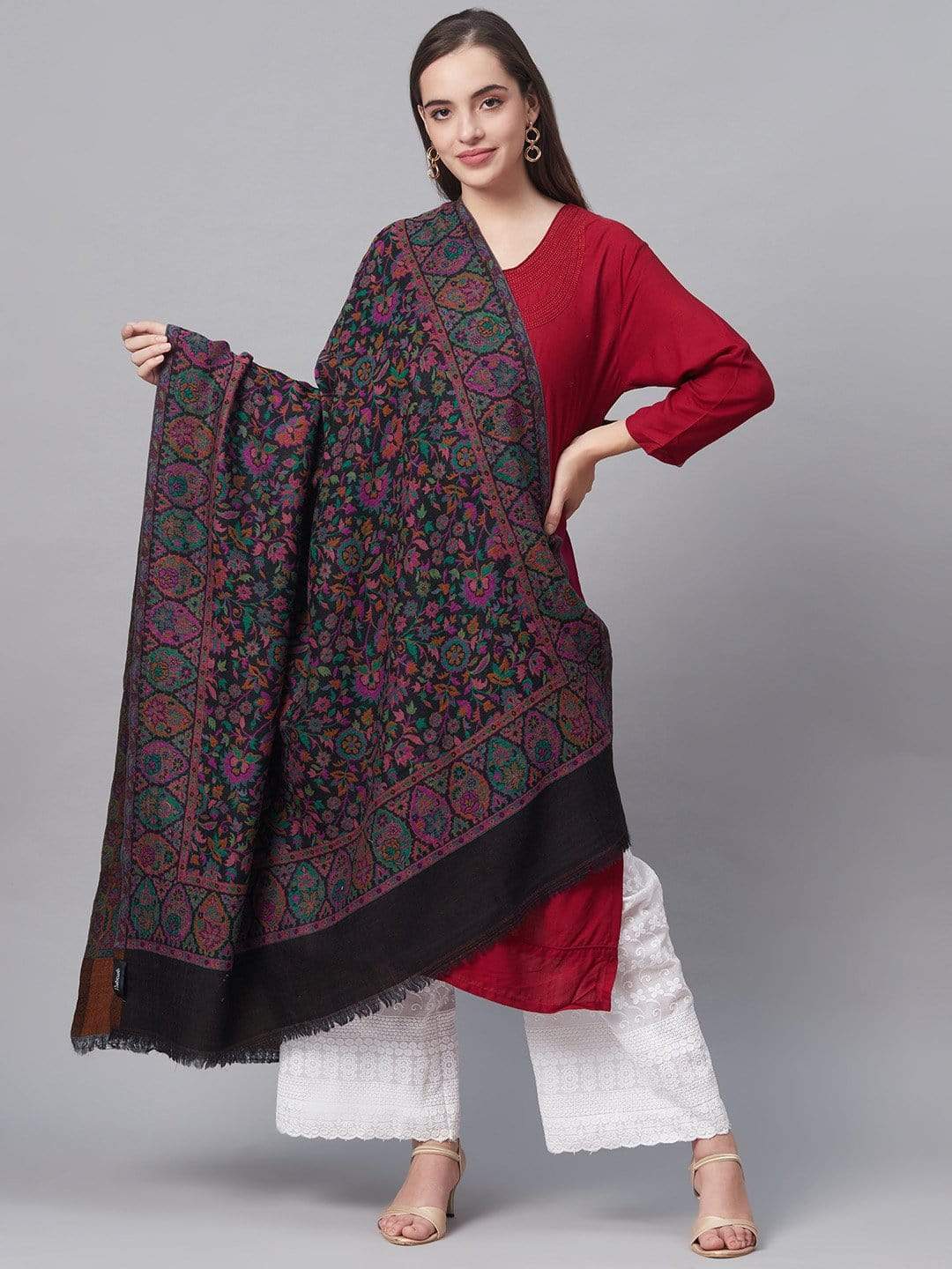 Pashtush India 100x200 Pashtush Womens 100% Pure Wool Kaani Weave Shawl, Soft and Warm, With Woolmark Certificate black