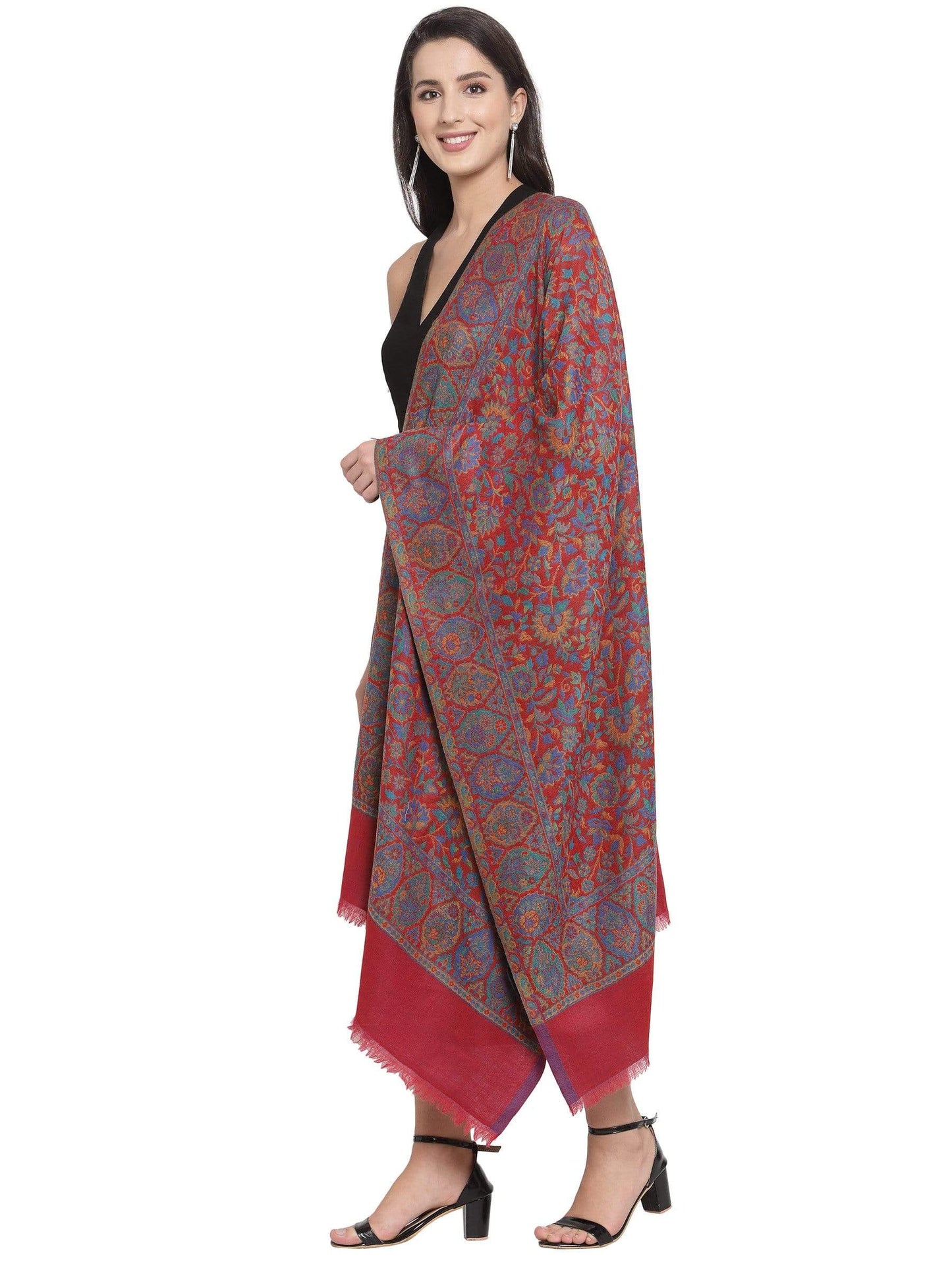 Pashtush India 70x200 Pashtush Womens 100% Pure Wool Ring Soft Ethnic Weave Stole, Woolmark Certified Scarlet
