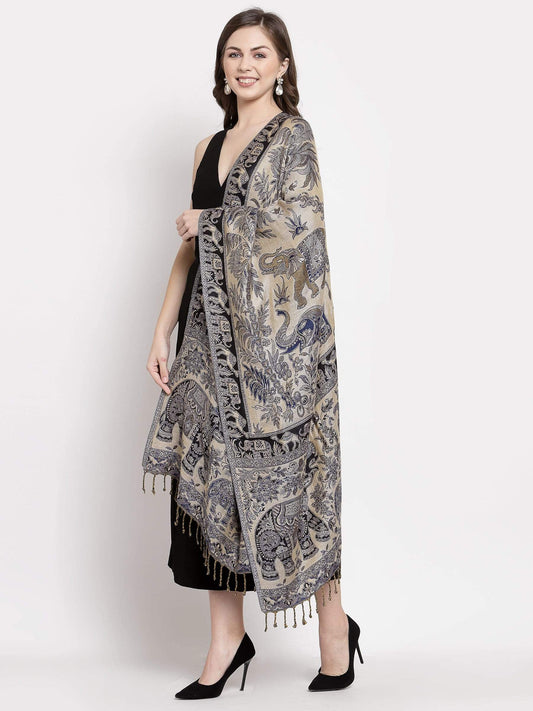 Pashtush India 70x200 Pashtush Womens Bamboo Reversible Stole, Safari Animals, Elephant Design, Black