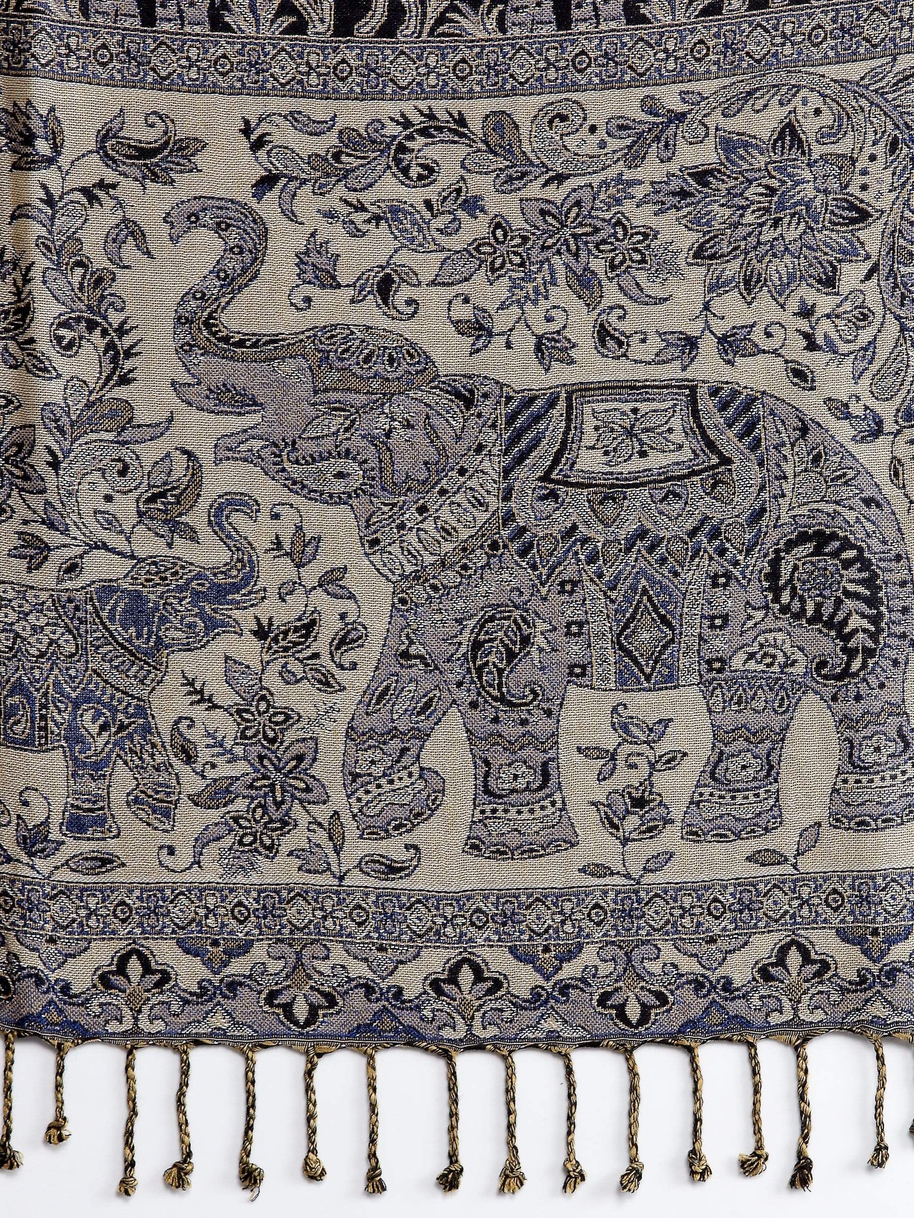 Pashtush India 70x200 Pashtush Womens Bamboo Reversible Stole, Safari Animals, Elephant Design, Black