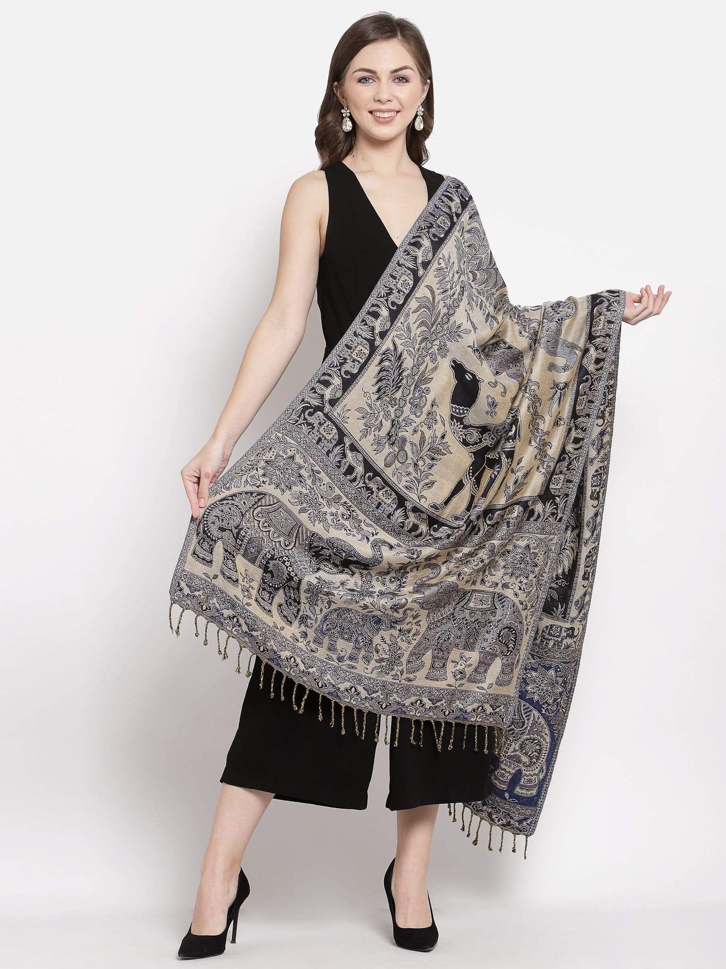 Pashtush India 70x200 Pashtush Womens Bamboo Reversible Stole, Safari Animals, Elephant Design, Black