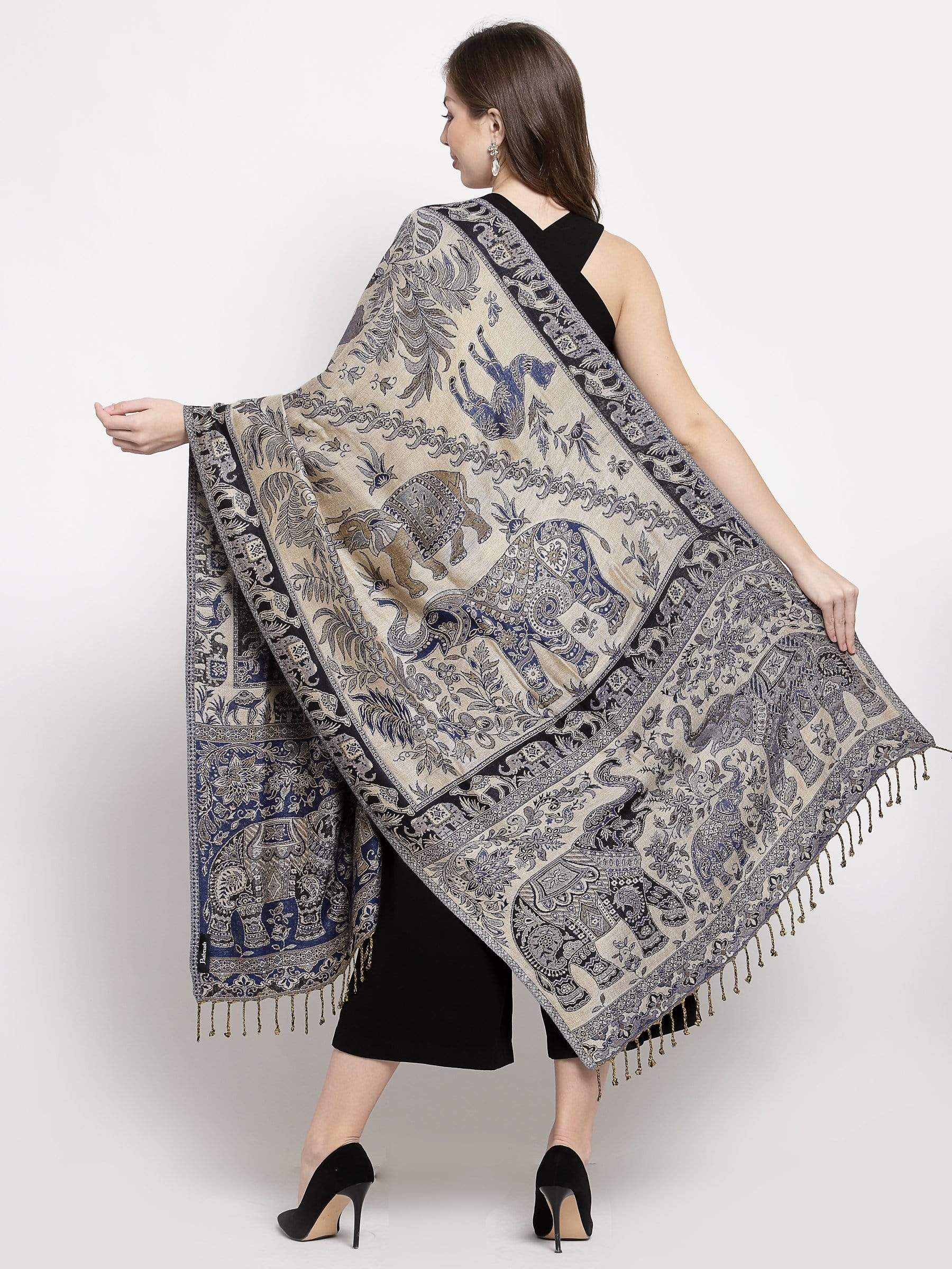 Pashtush India 70x200 Pashtush Womens Bamboo Reversible Stole, Safari Animals, Elephant Design, Black