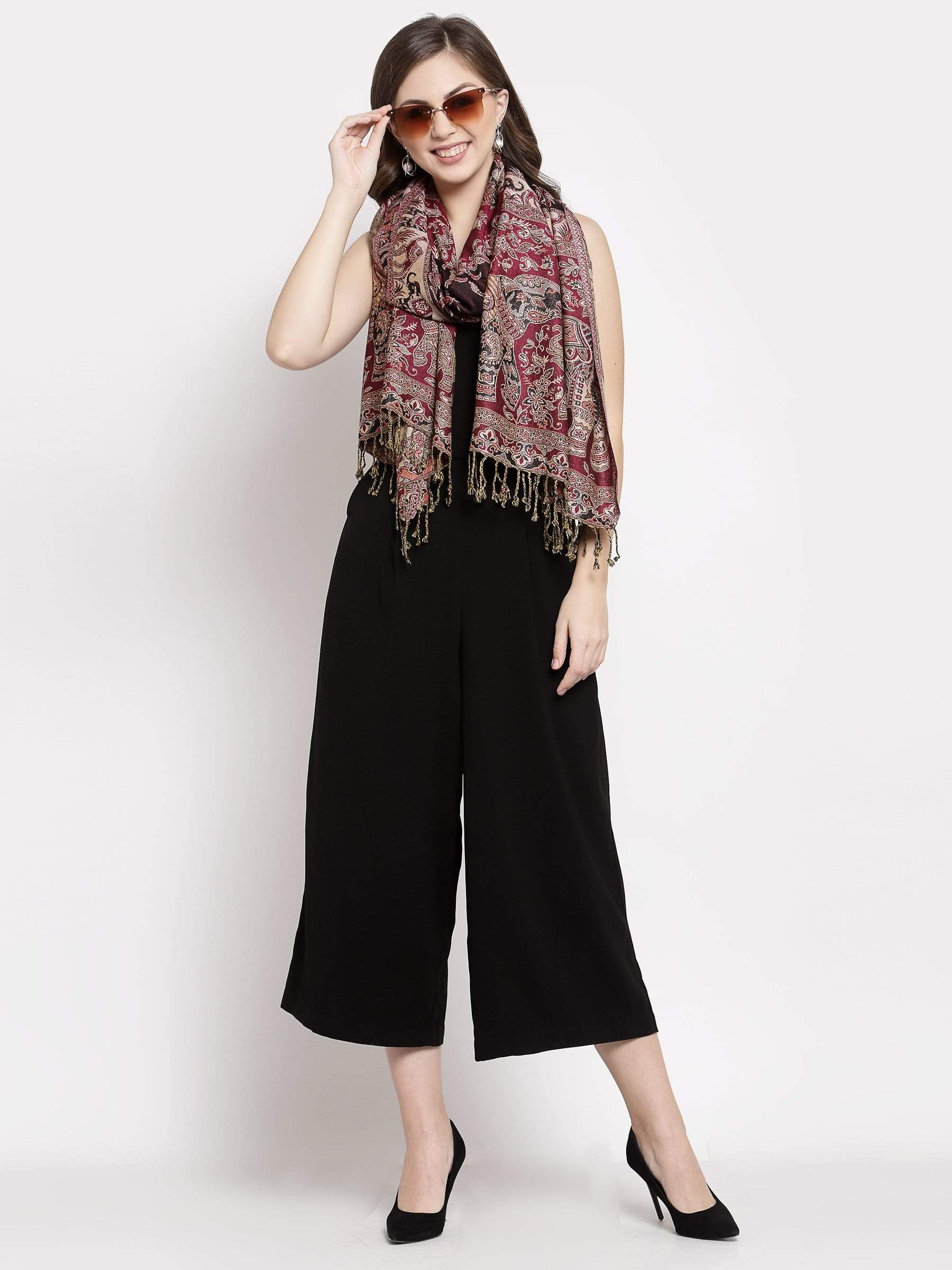 Pashtush India 70x200 Pashtush Womens Bamboo Reversible Stole, Safari Elephants, Maroon and Black