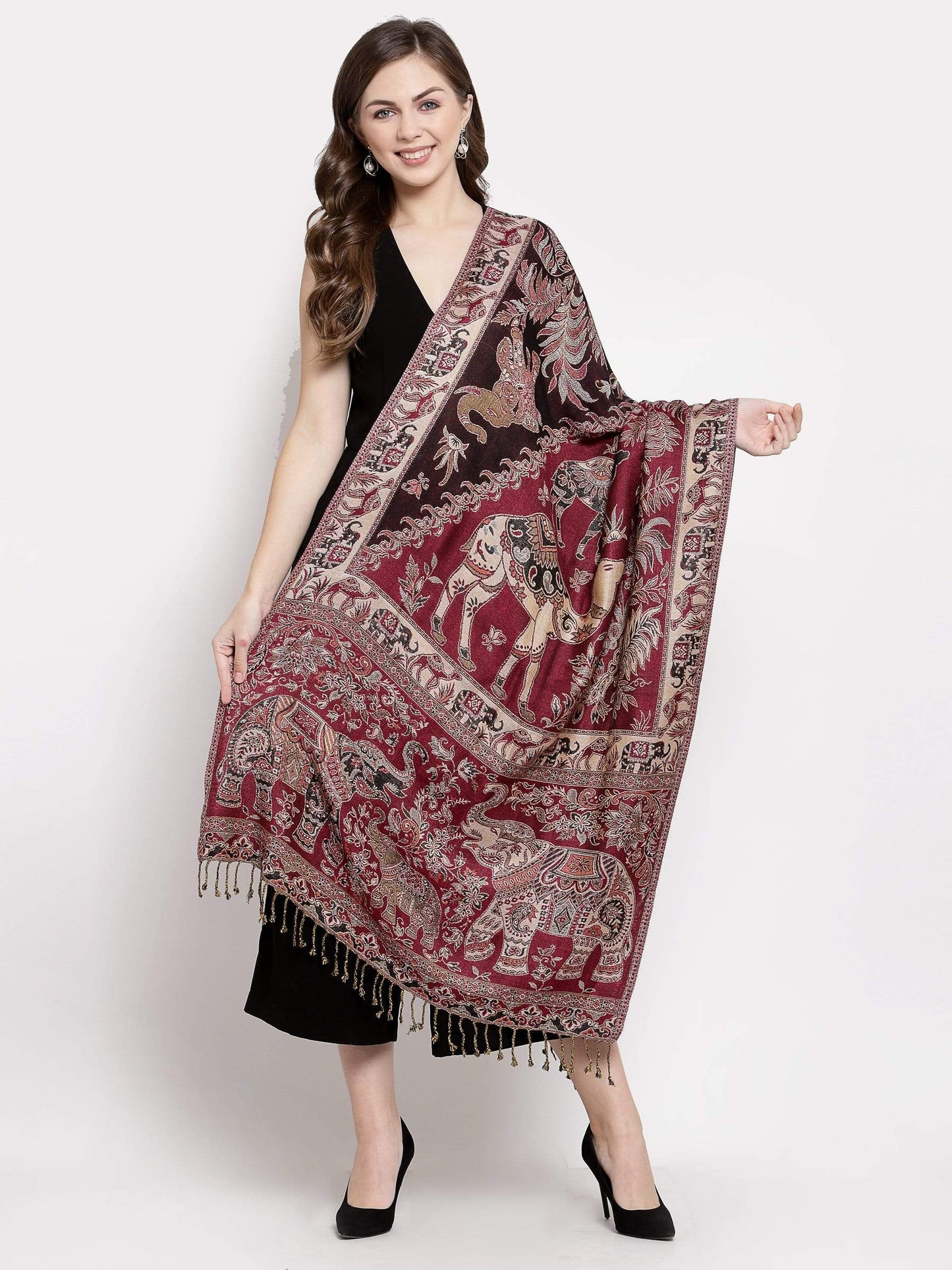 Pashtush India 70x200 Pashtush Womens Bamboo Reversible Stole, Safari Elephants, Maroon and Black