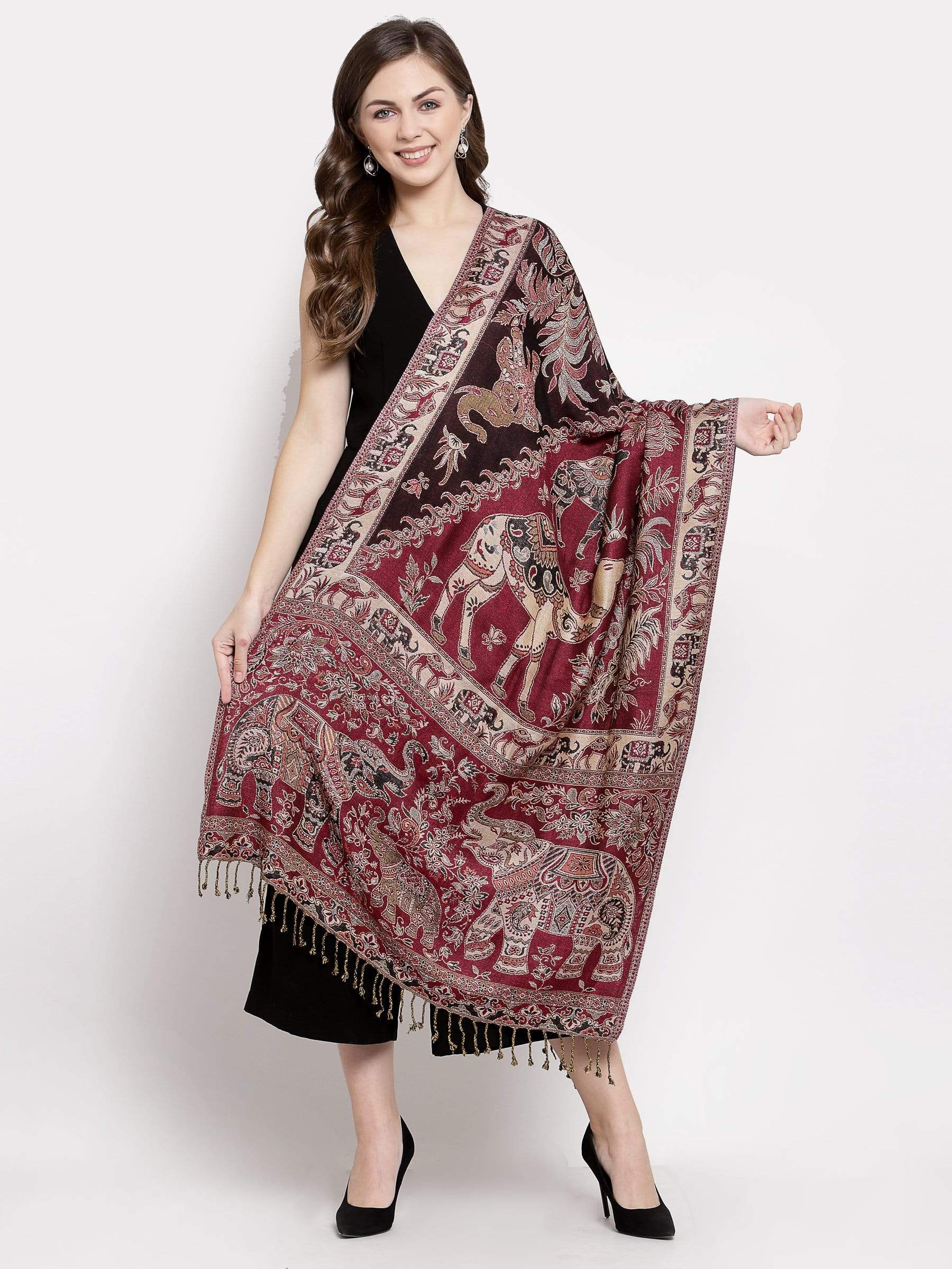 Pashtush India 70x200 Pashtush Womens Bamboo Reversible Stole, Safari Elephants, Maroon and Black