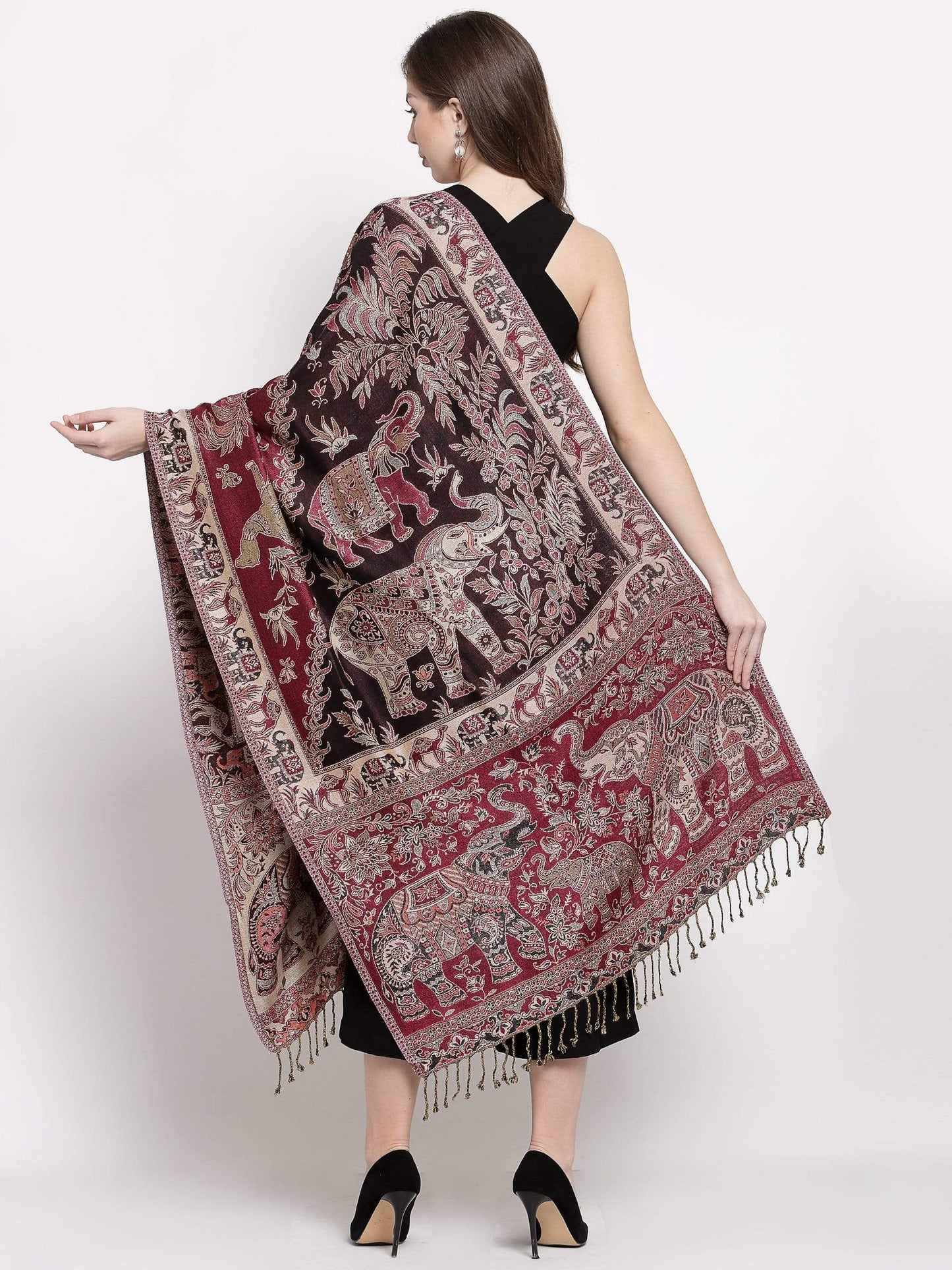 Pashtush India 70x200 Pashtush Womens Bamboo Reversible Stole, Safari Elephants, Maroon and Black
