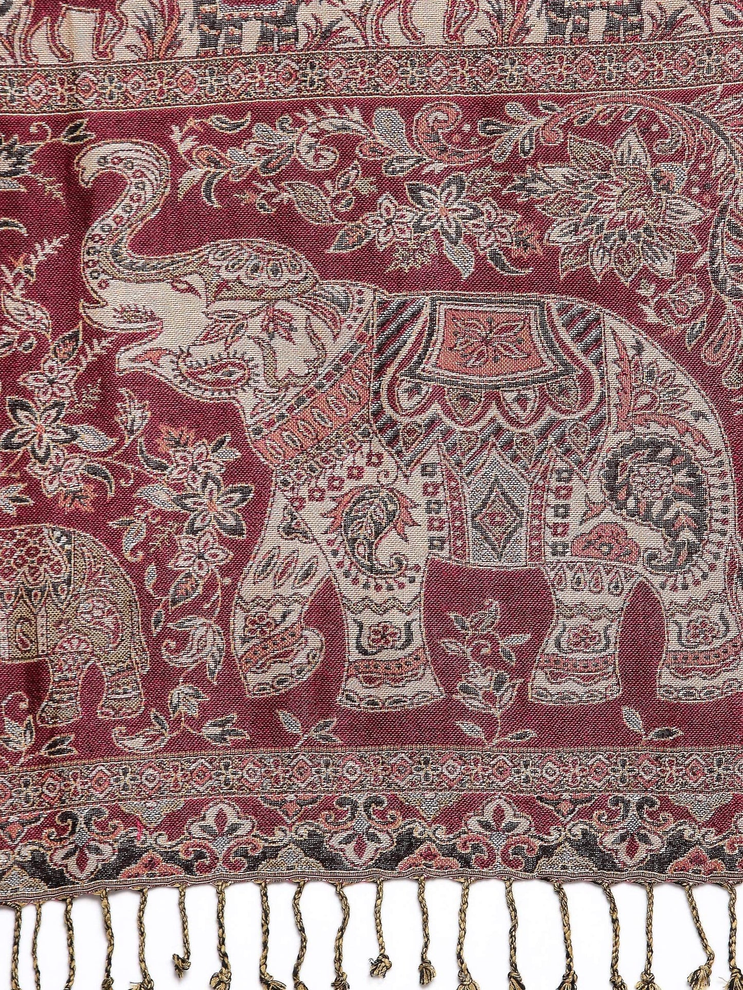 Pashtush India 70x200 Pashtush Womens Bamboo Reversible Stole, Safari Elephants, Maroon and Black