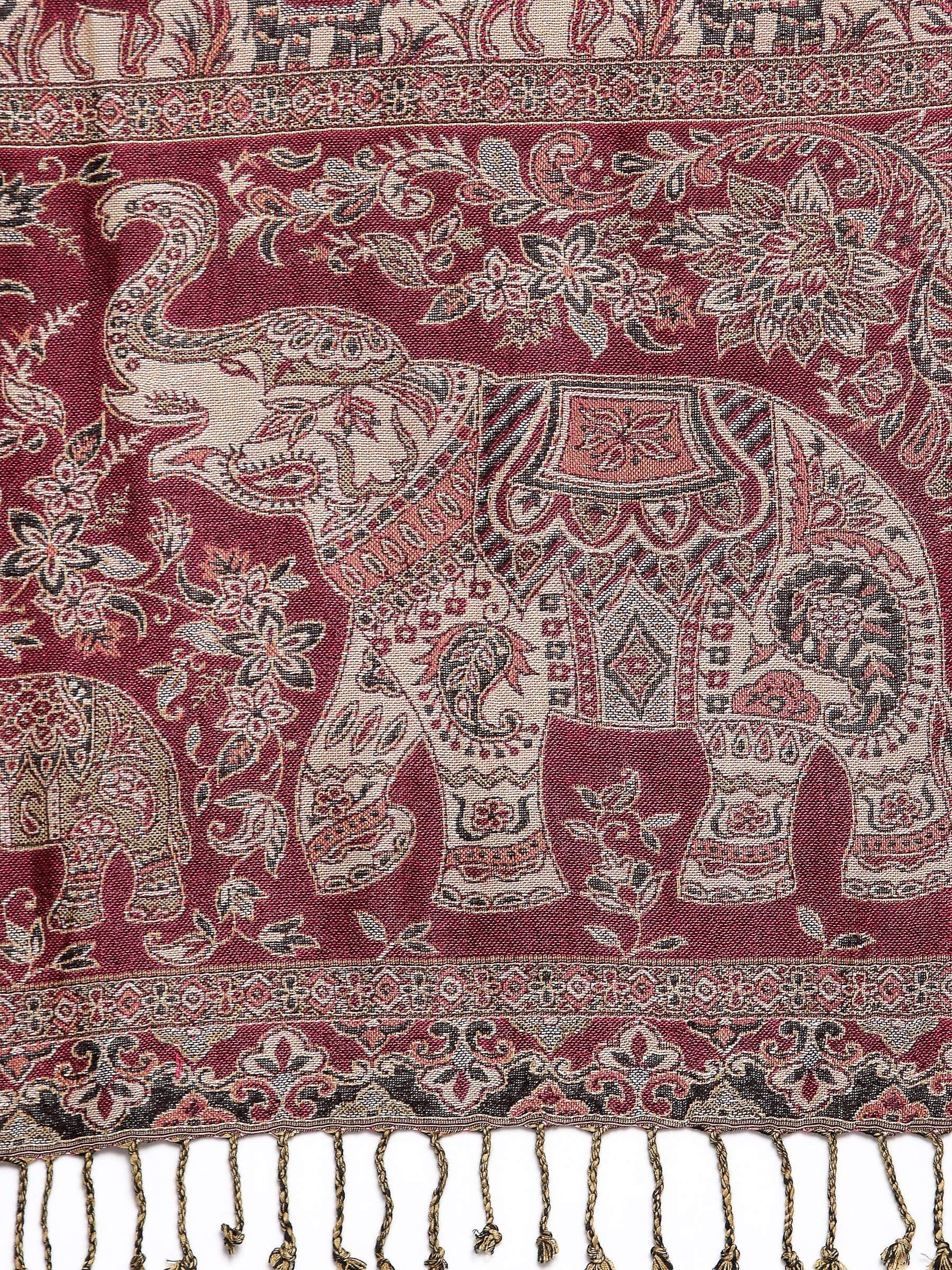 Pashtush India 70x200 Pashtush Womens Bamboo Reversible Stole, Safari Elephants, Maroon and Black
