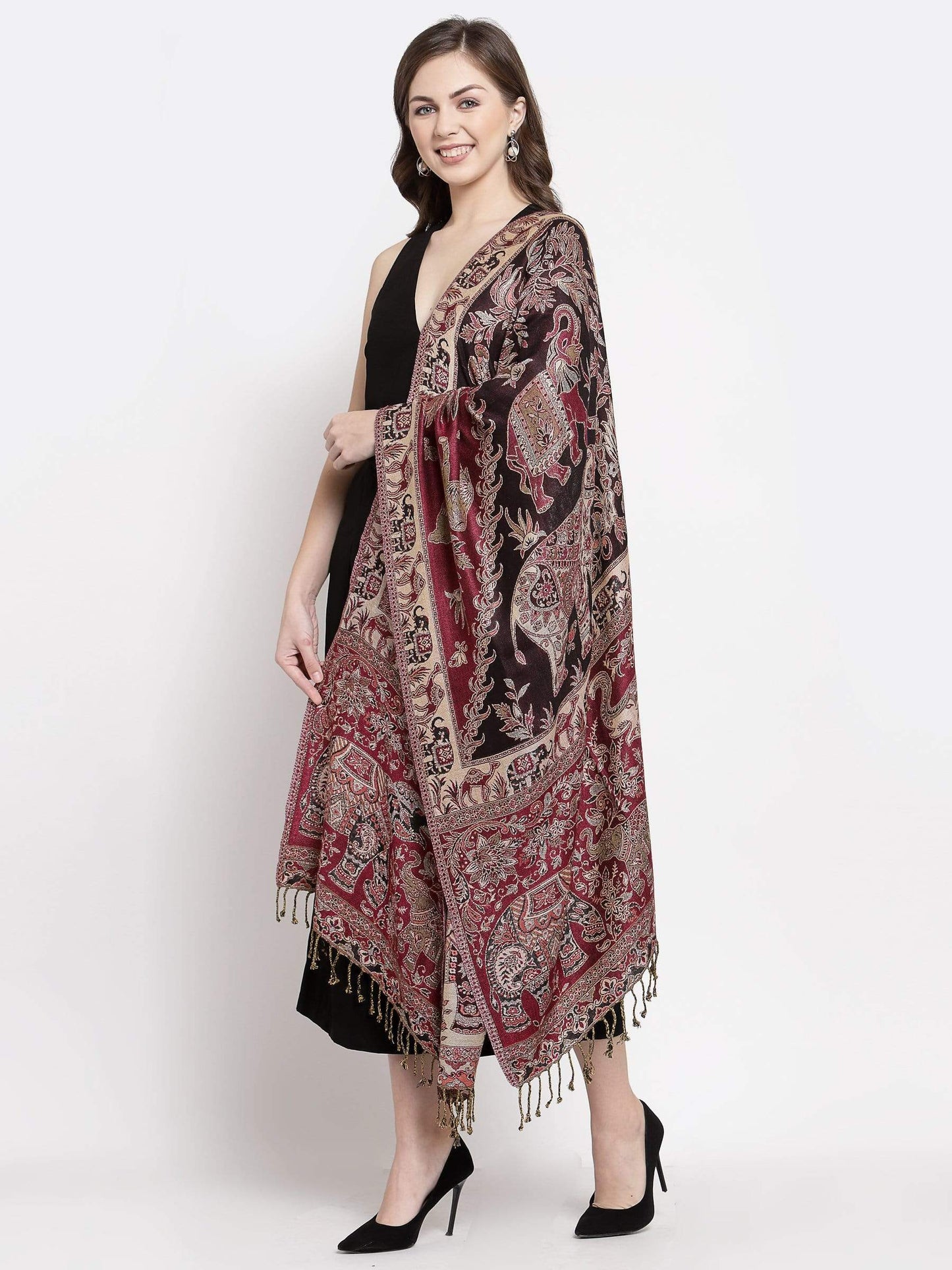 Pashtush India 70x200 Pashtush Womens Bamboo Reversible Stole, Safari Elephants, Maroon and Black