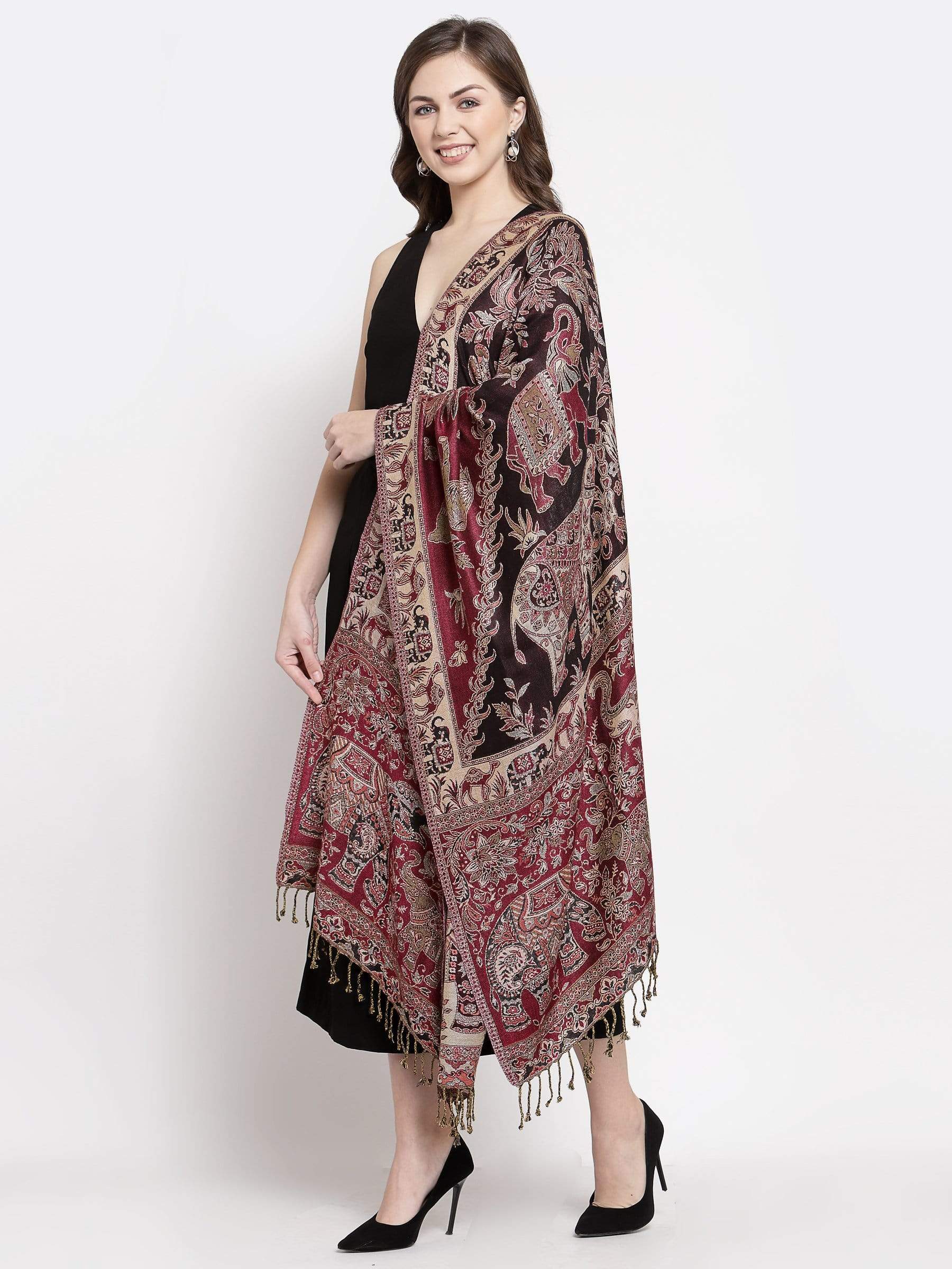 Pashtush India 70x200 Pashtush Womens Bamboo Reversible Stole, Safari Elephants, Maroon and Black