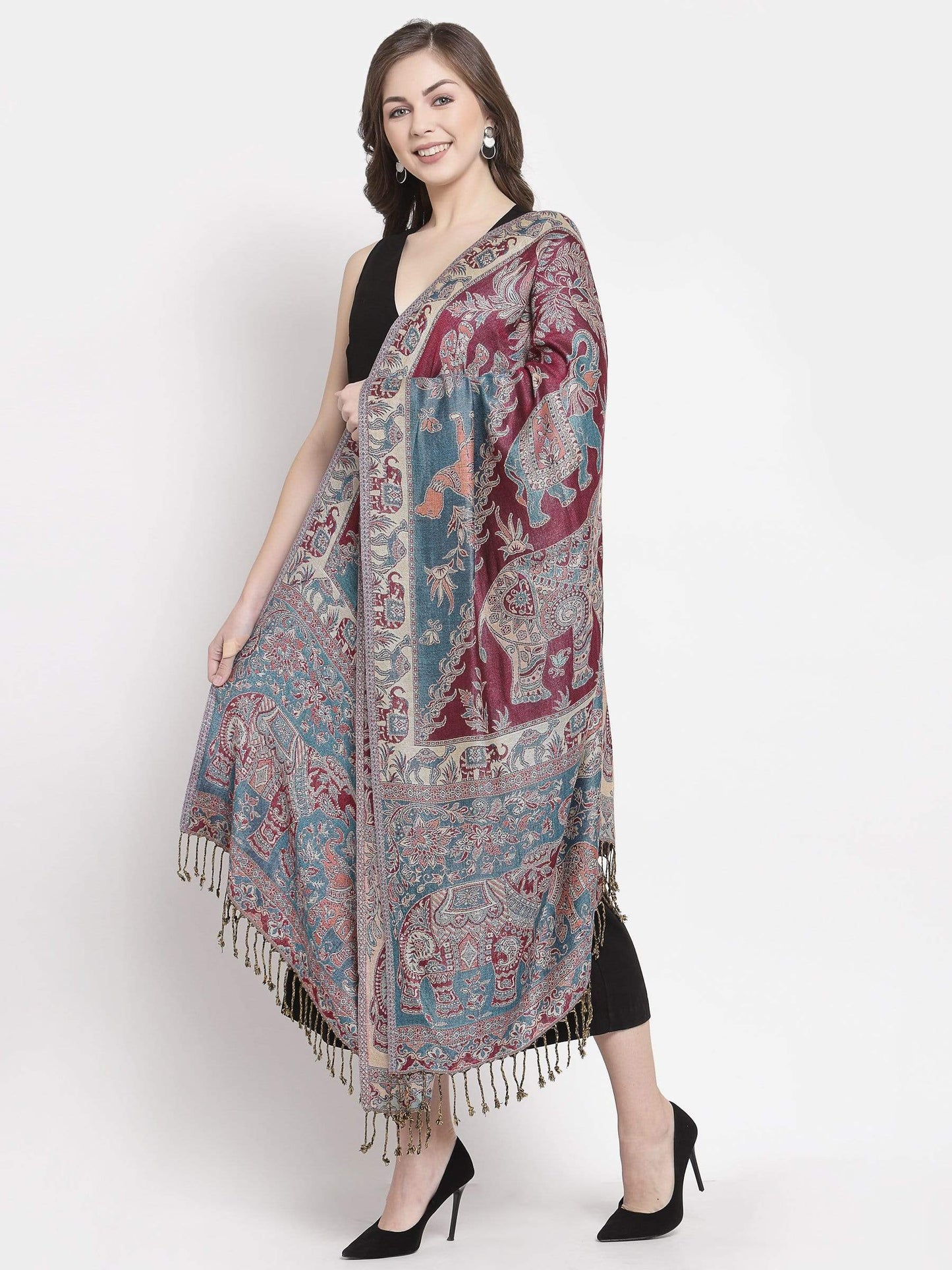 Pashtush India 70x200 Pashtush Womens Bamboo Reversible Stole, Tribal elephants, Azure