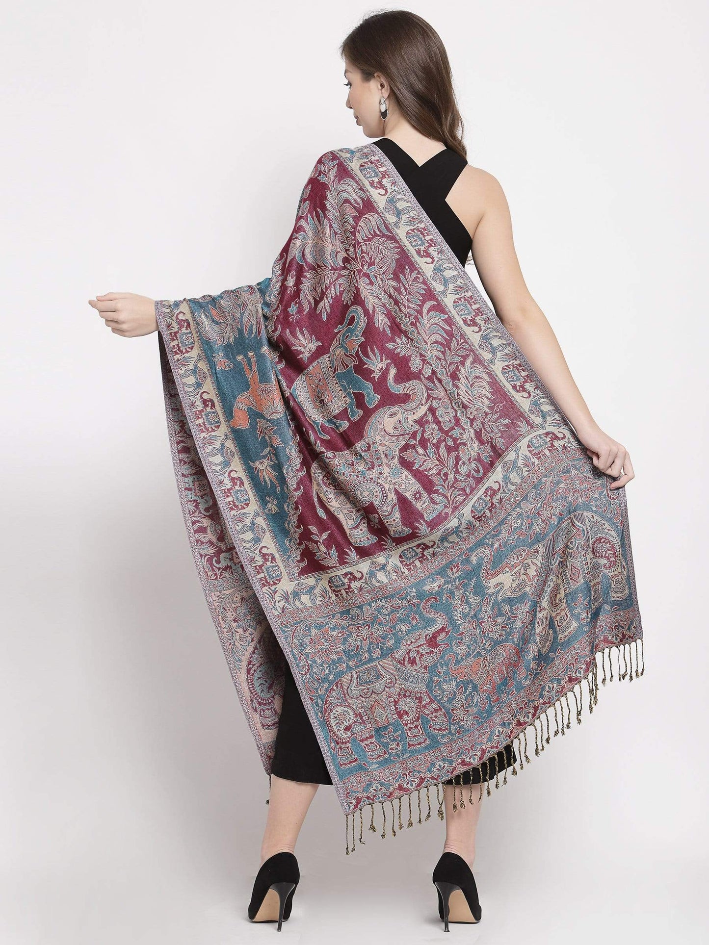Pashtush India 70x200 Pashtush Womens Bamboo Reversible Stole, Tribal elephants, Azure