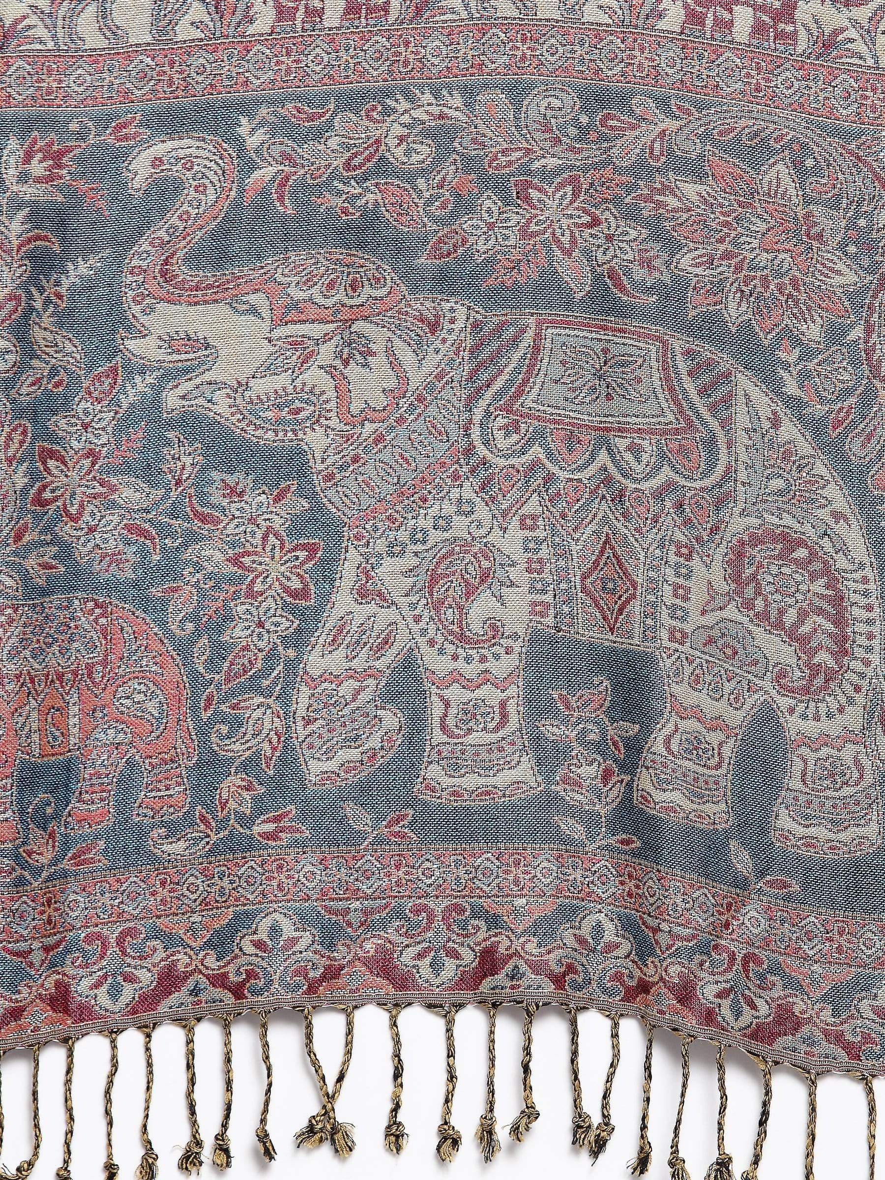 Pashtush India 70x200 Pashtush Womens Bamboo Reversible Stole, Tribal elephants, Azure