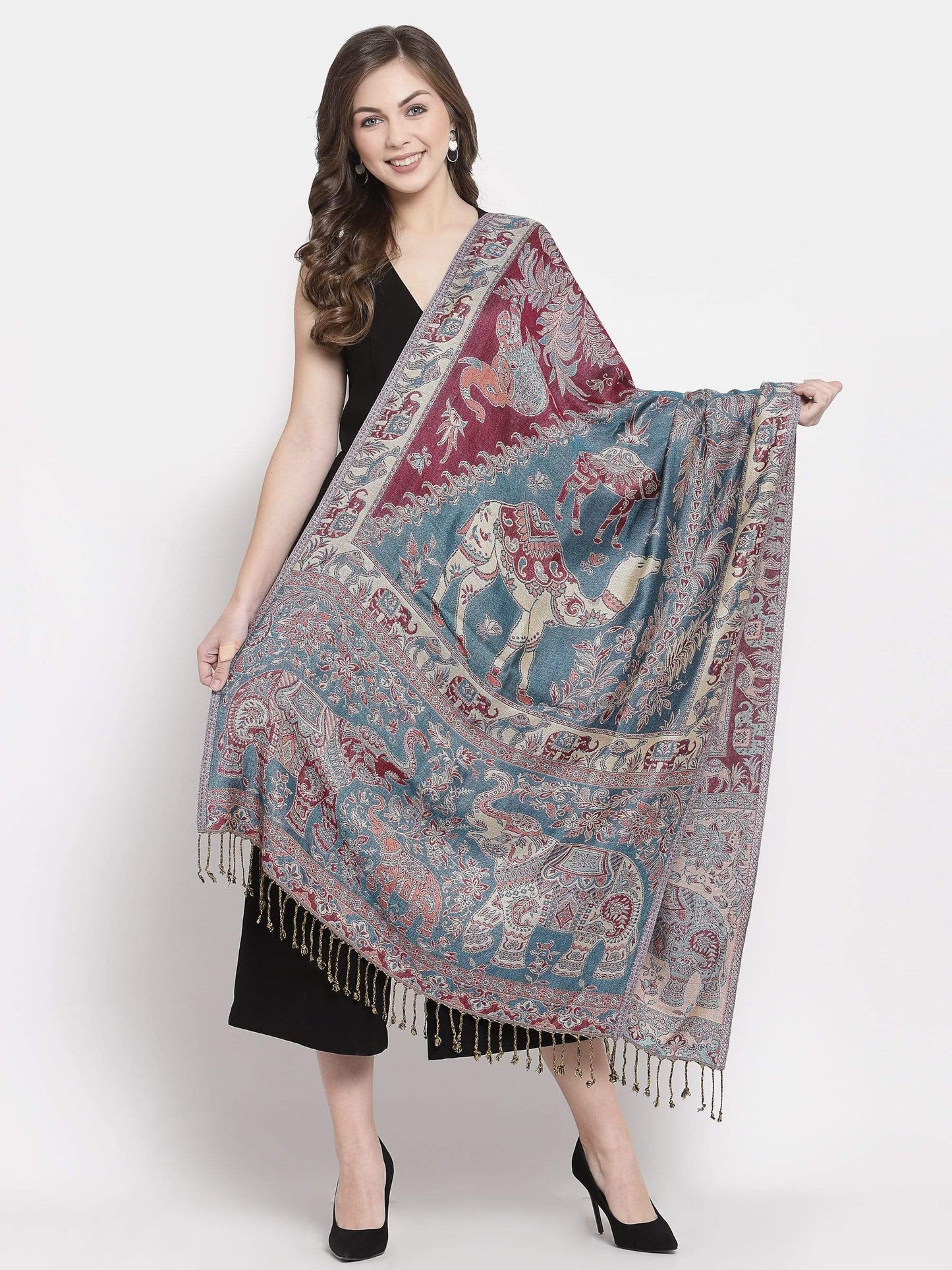 Pashtush India 70x200 Pashtush Womens Bamboo Reversible Stole, Tribal elephants, Azure