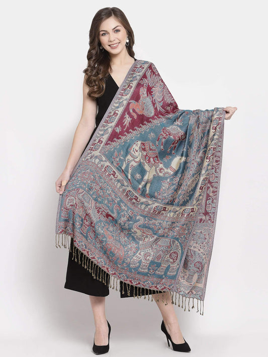 Pashtush India 70x200 Pashtush Womens Bamboo Reversible Stole, Tribal elephants, Azure