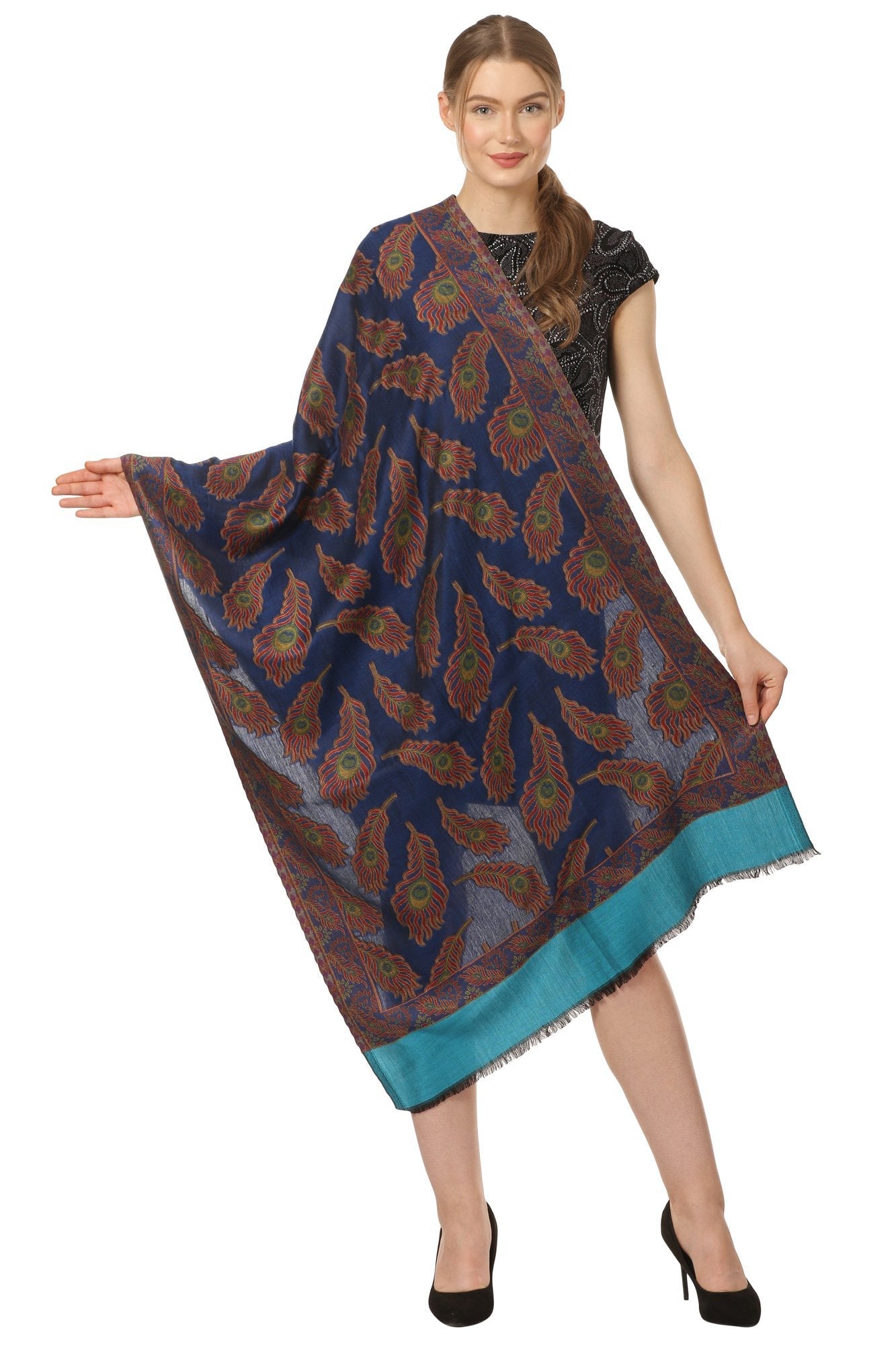 Pashtush Shawl Store Stole Pashtush Womens Bamboo Scarf, Woven peacock Design 28x80 inches, soft and natural