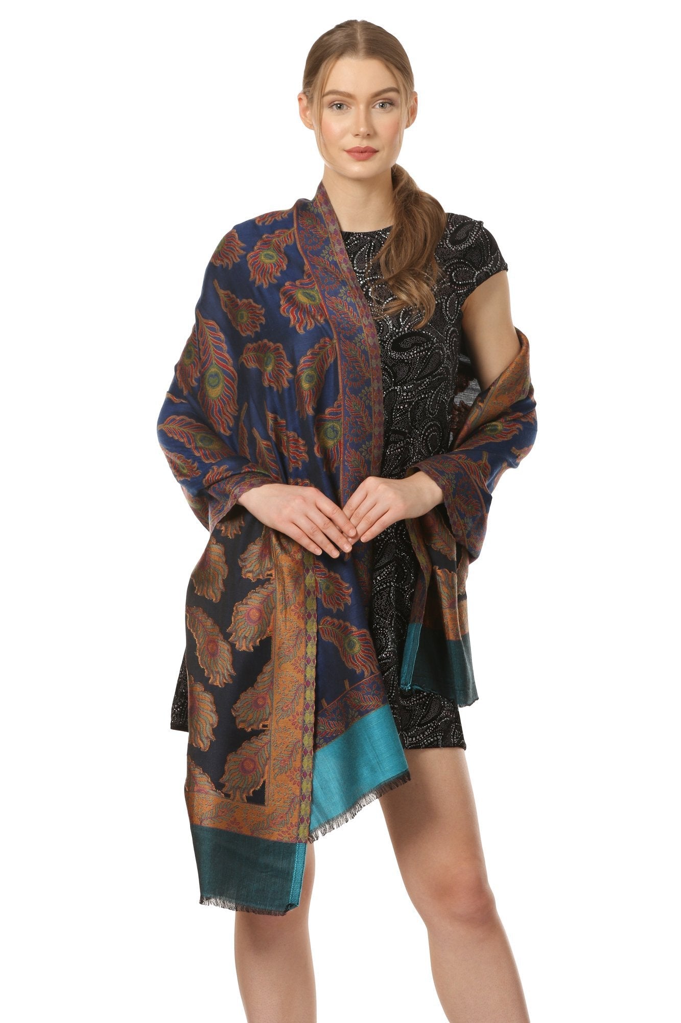 Pashtush Shawl Store Stole Pashtush Womens Bamboo Scarf, Woven peacock Design 28x80 inches, soft and natural