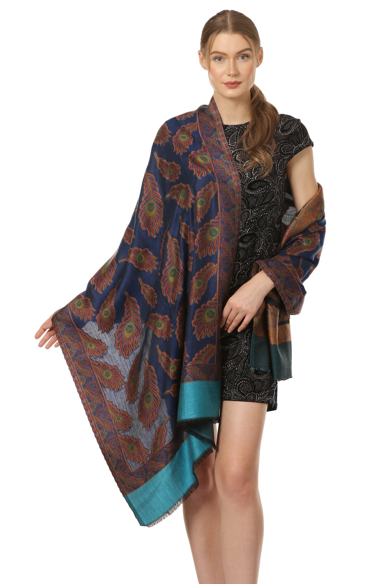 Pashtush Shawl Store Stole Pashtush Womens Bamboo Scarf, Woven peacock Design 28x80 inches, soft and natural