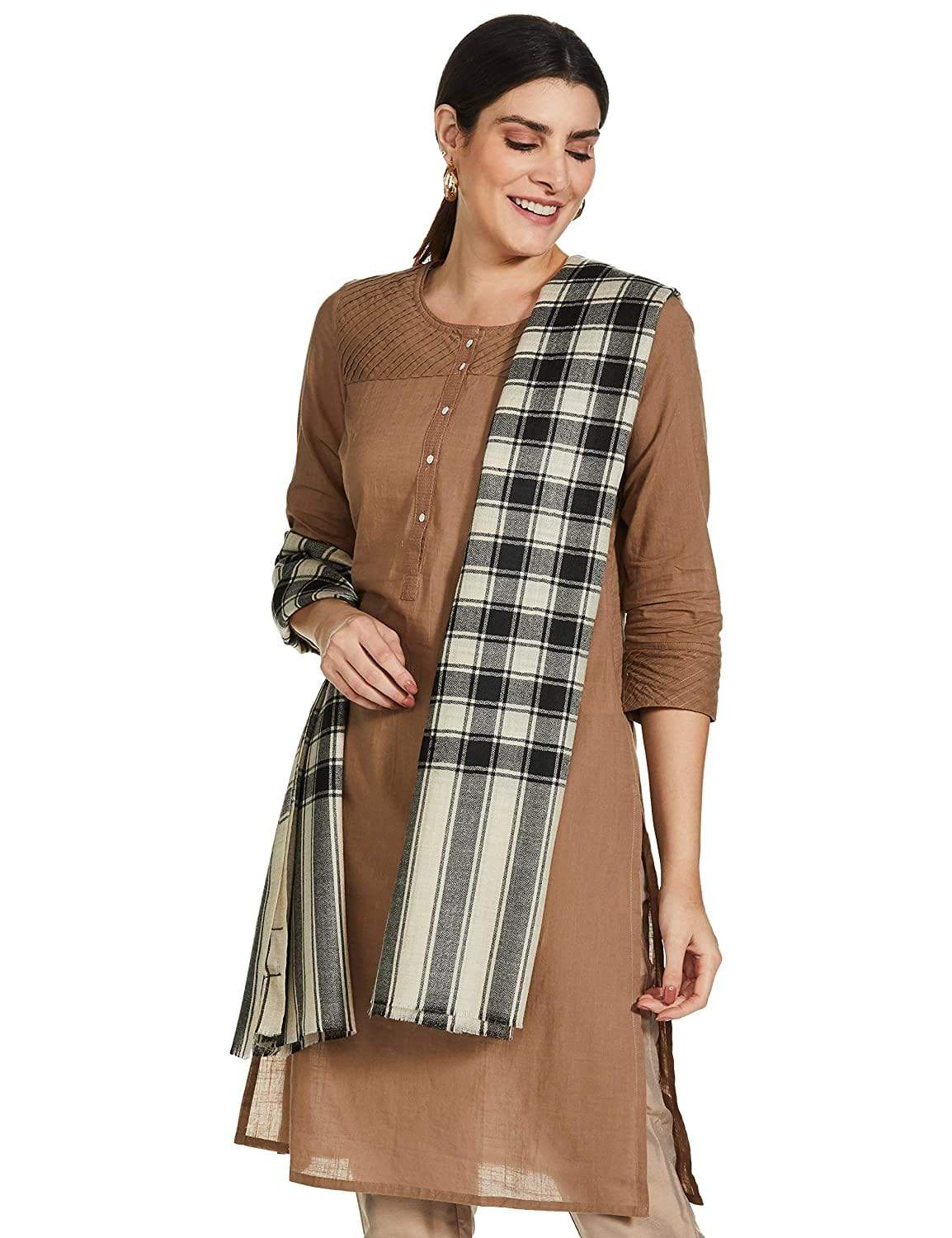 Pashtush India 100x200 Pashtush Womens Check Shawl, Ultra Soft and Warm, Fine Wool, Beige and Black