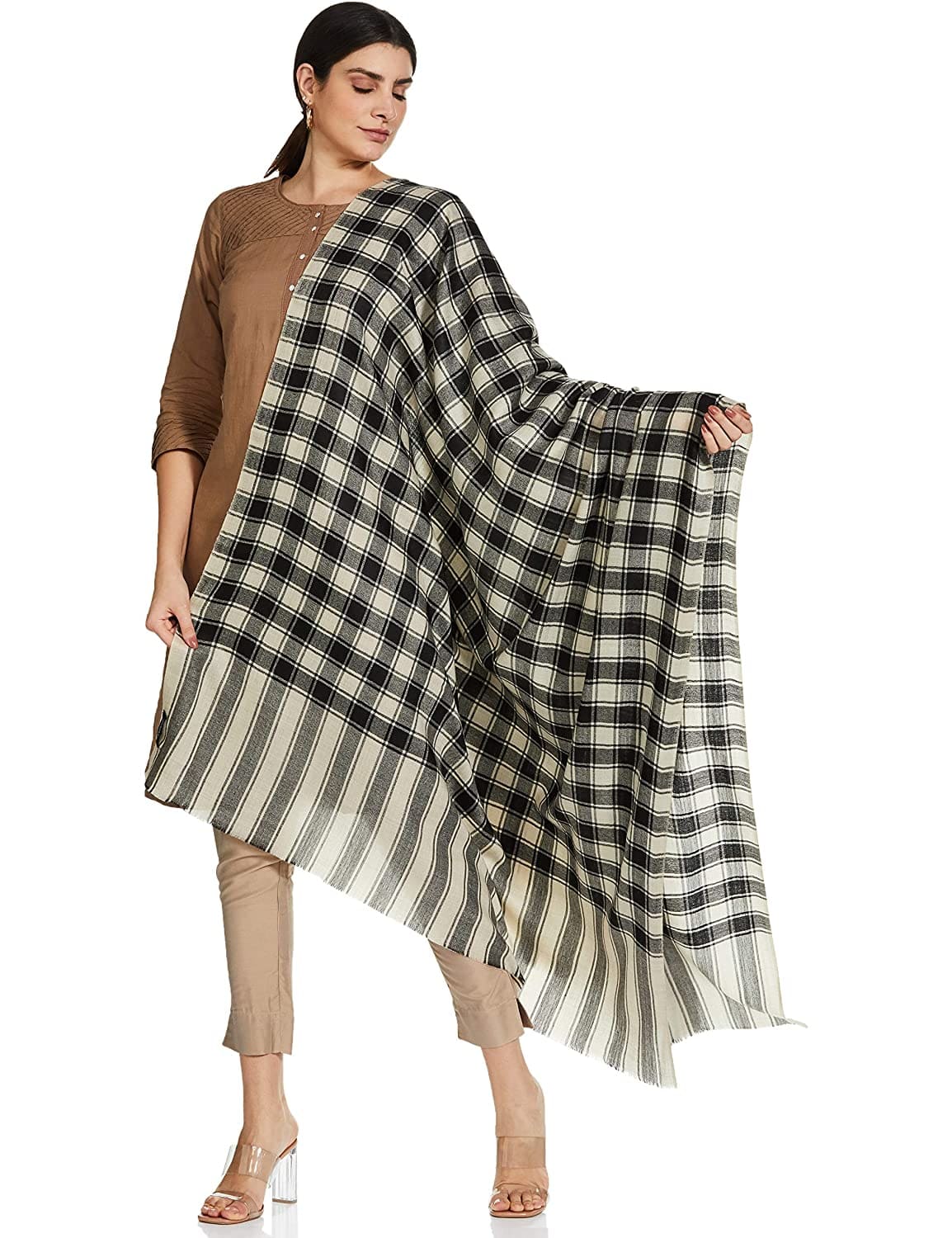 Pashtush India 100x200 Pashtush Womens Check Shawl, Ultra Soft and Warm, Fine Wool, Beige and Black