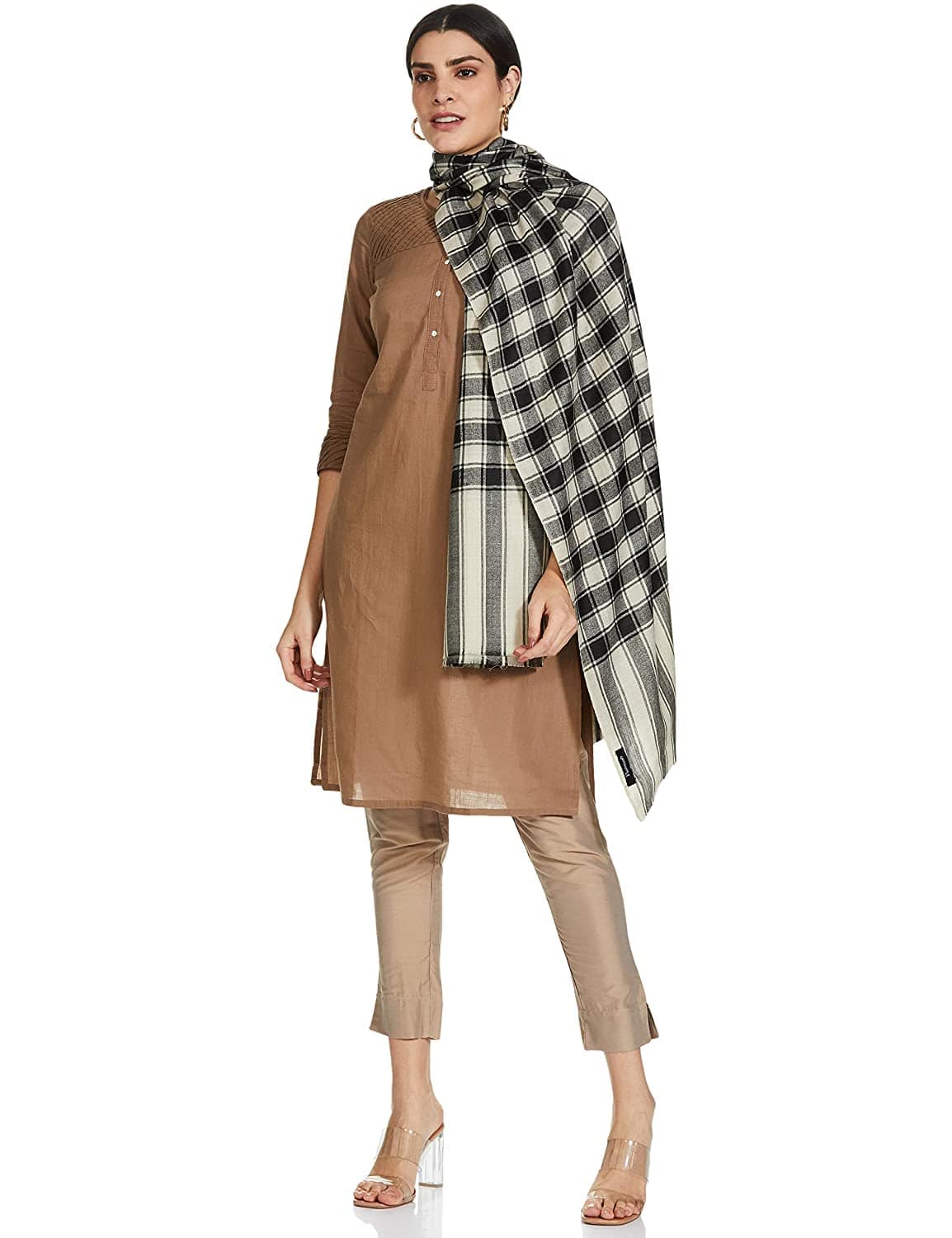 Pashtush India 100x200 Pashtush Womens Check Shawl, Ultra Soft and Warm, Fine Wool, Beige and Black