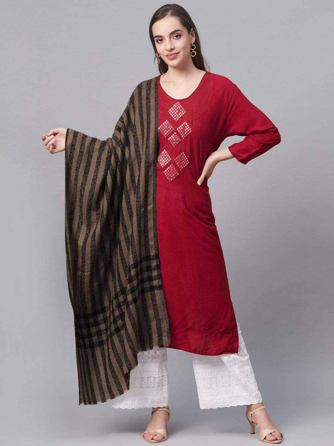 Pashtush India 70x200 Pashtush Womens Check Striped Pattern, Self Weave Stole, Fine Wool, Black